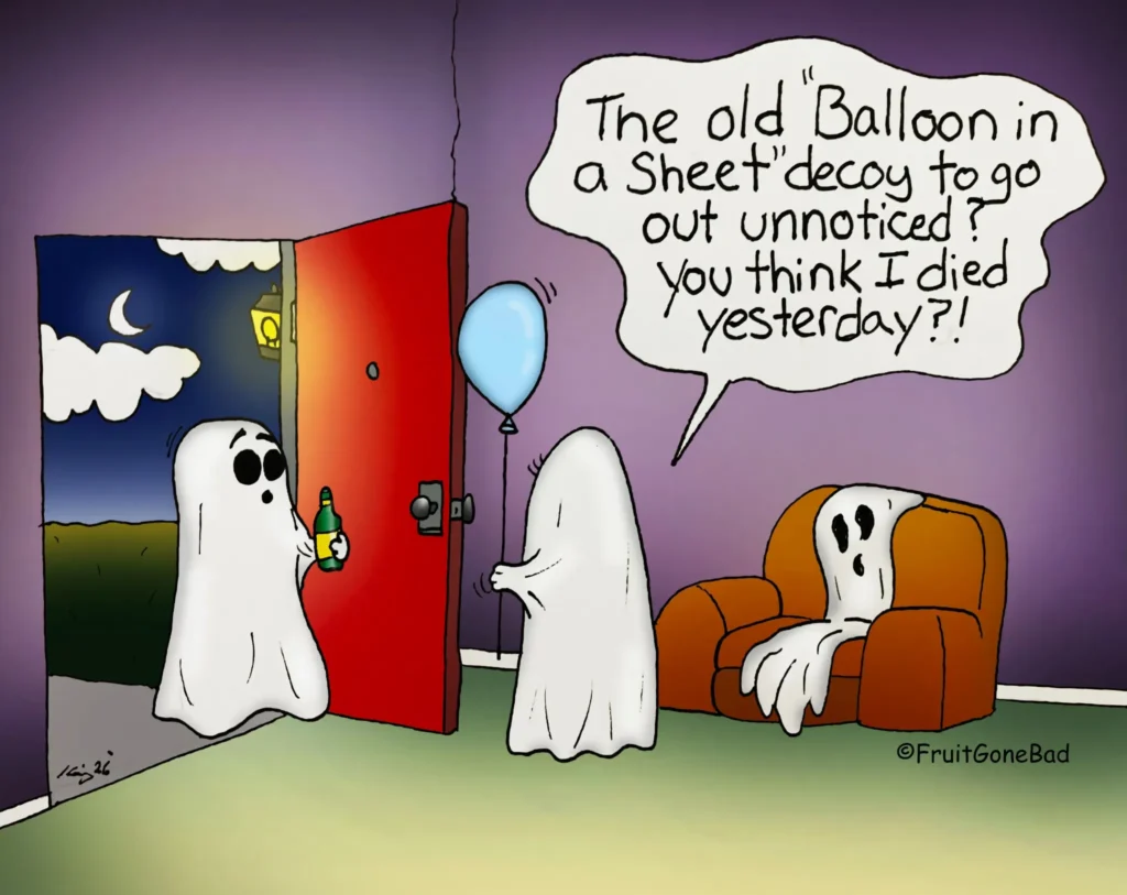 Fruit Gone Bad comic #8: two ghosts react to a ghost who uses a balloon under a sheet as a decoy.