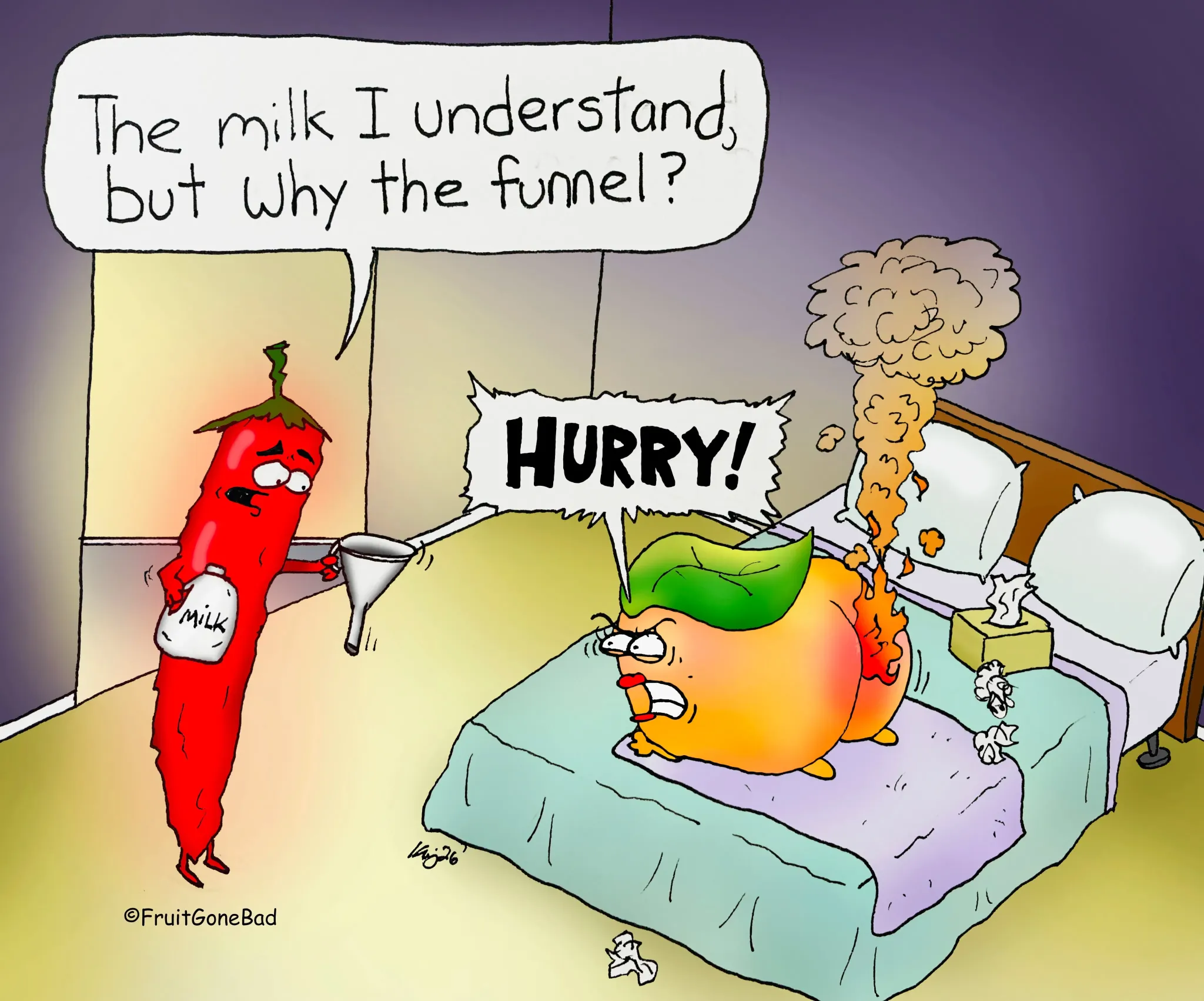 Fruit Gone Bad comic #10: a chili pepper brings milk and a funnel to help a peach in bed, who shouts for hurry.