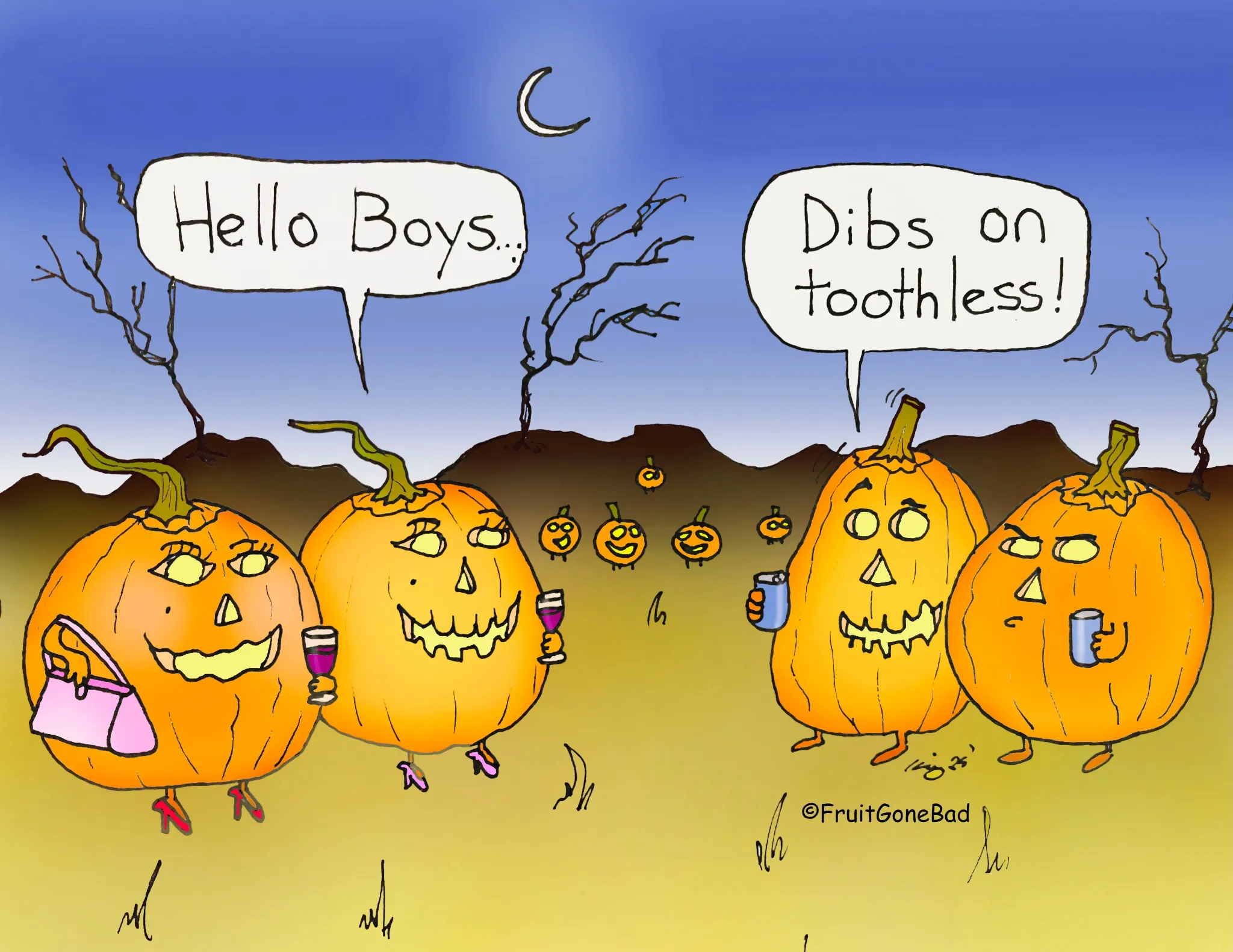 Fruit Gone Bad comic #11: pumpkins meet at night and one claims dibs on a toothless pumpkin.