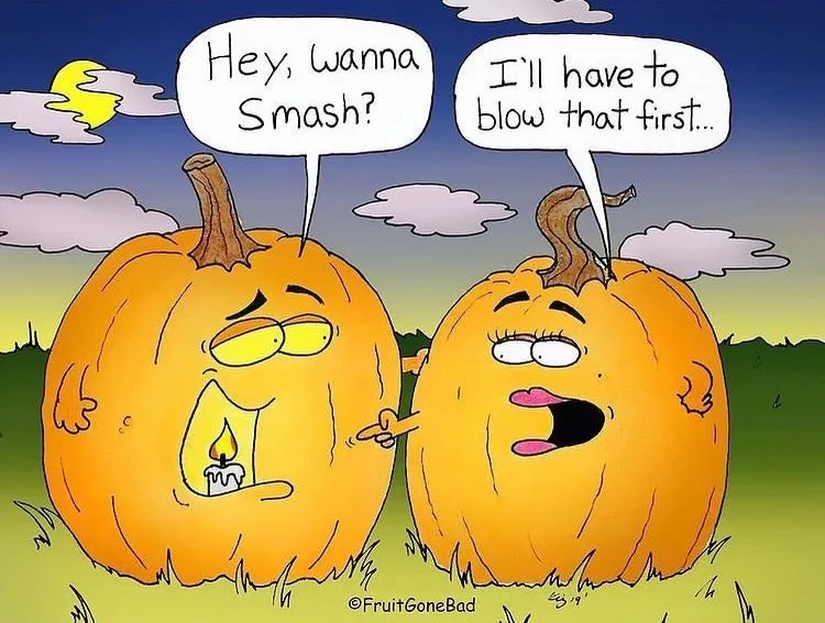 Fruit Gone Bad comic #12: two pumpkins flirt with a candle and a cheeky double entendre about smashing.
