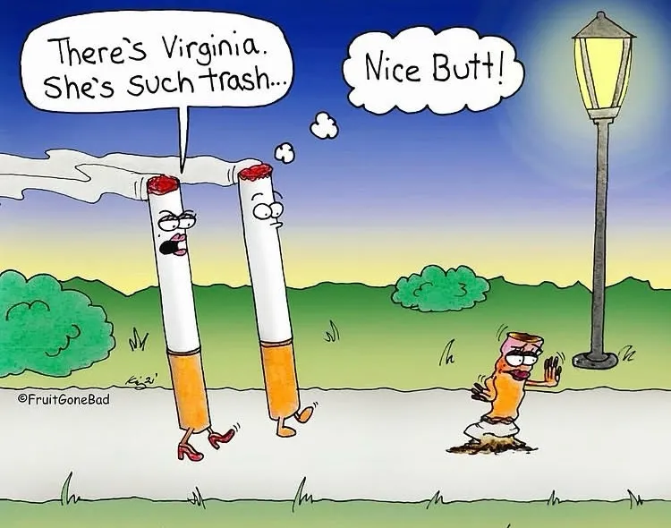 Fruit Gone Bad comic #14: two cigarette characters gossip as a small brown character walks along the pavement beside a streetlamp.