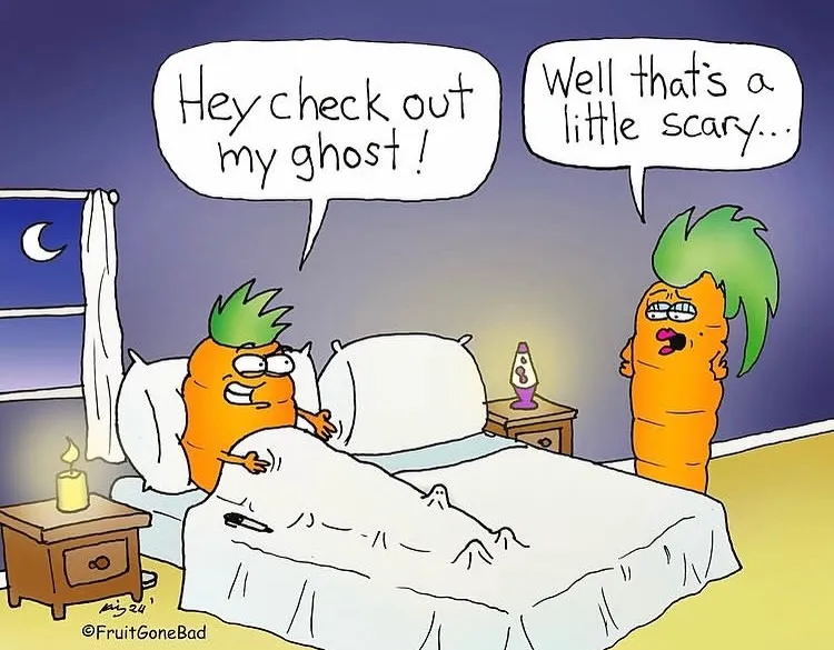 Fruit Gone Bad comic #16: a carrot in bed shows another carrot a homemade ghost, which gets a nervous reaction.