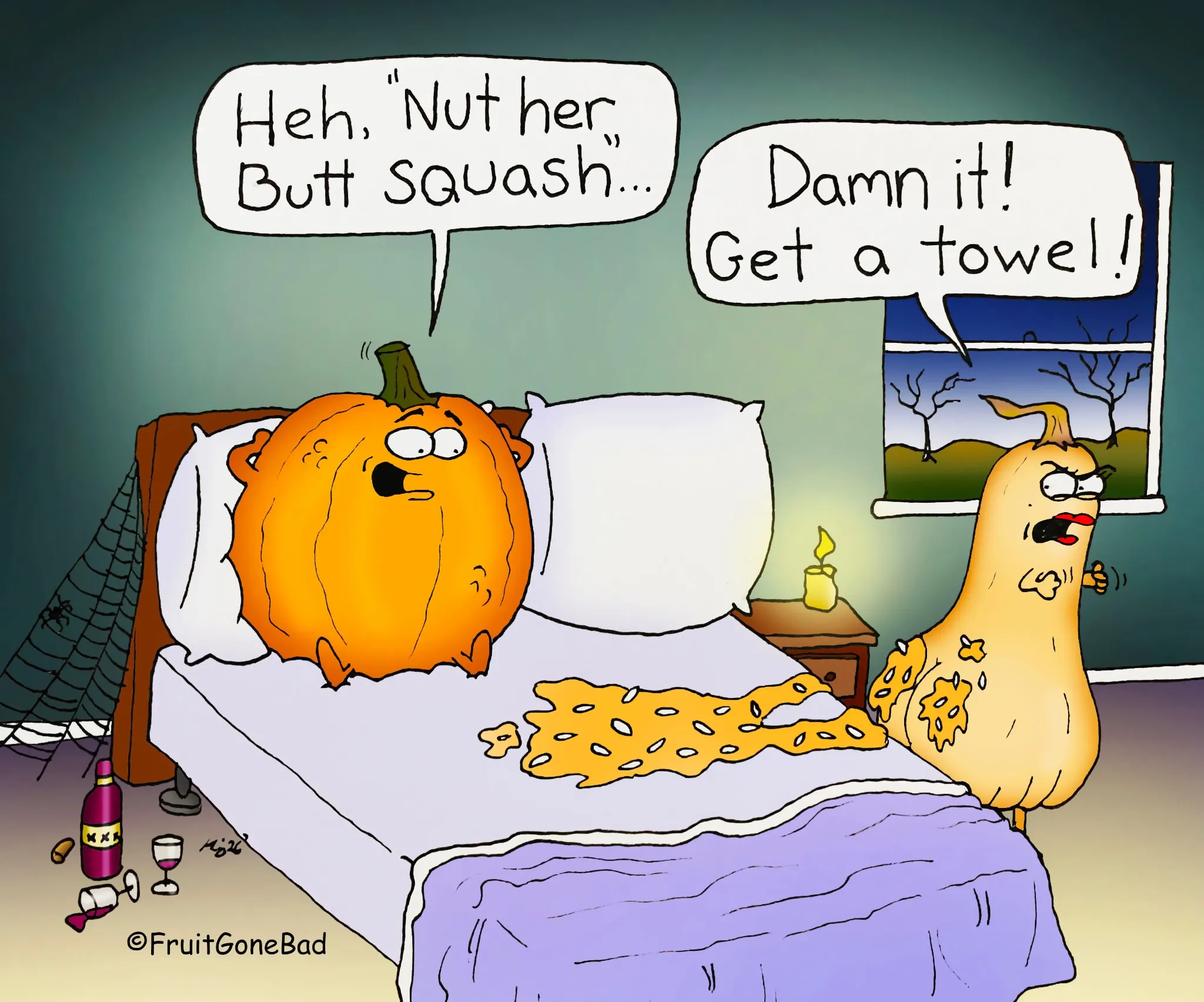 Fruit Gone Bad comic #18: a pumpkin in bed trades a suggestive pun with a squash character at Halloween.