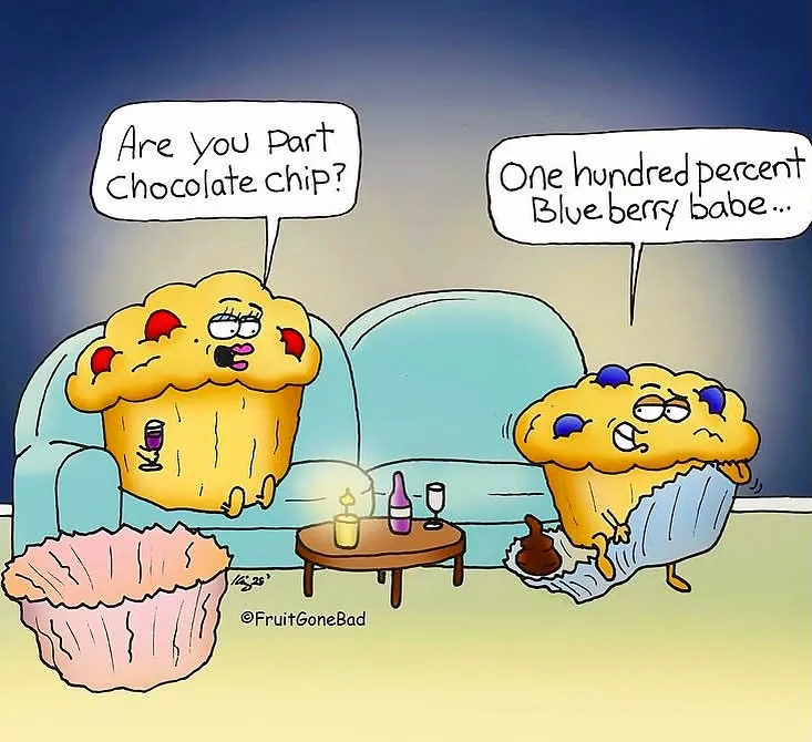 Fruit Gone Bad comic #19: two muffin characters chat about chocolate chips and blueberries beside a living-room sofa.