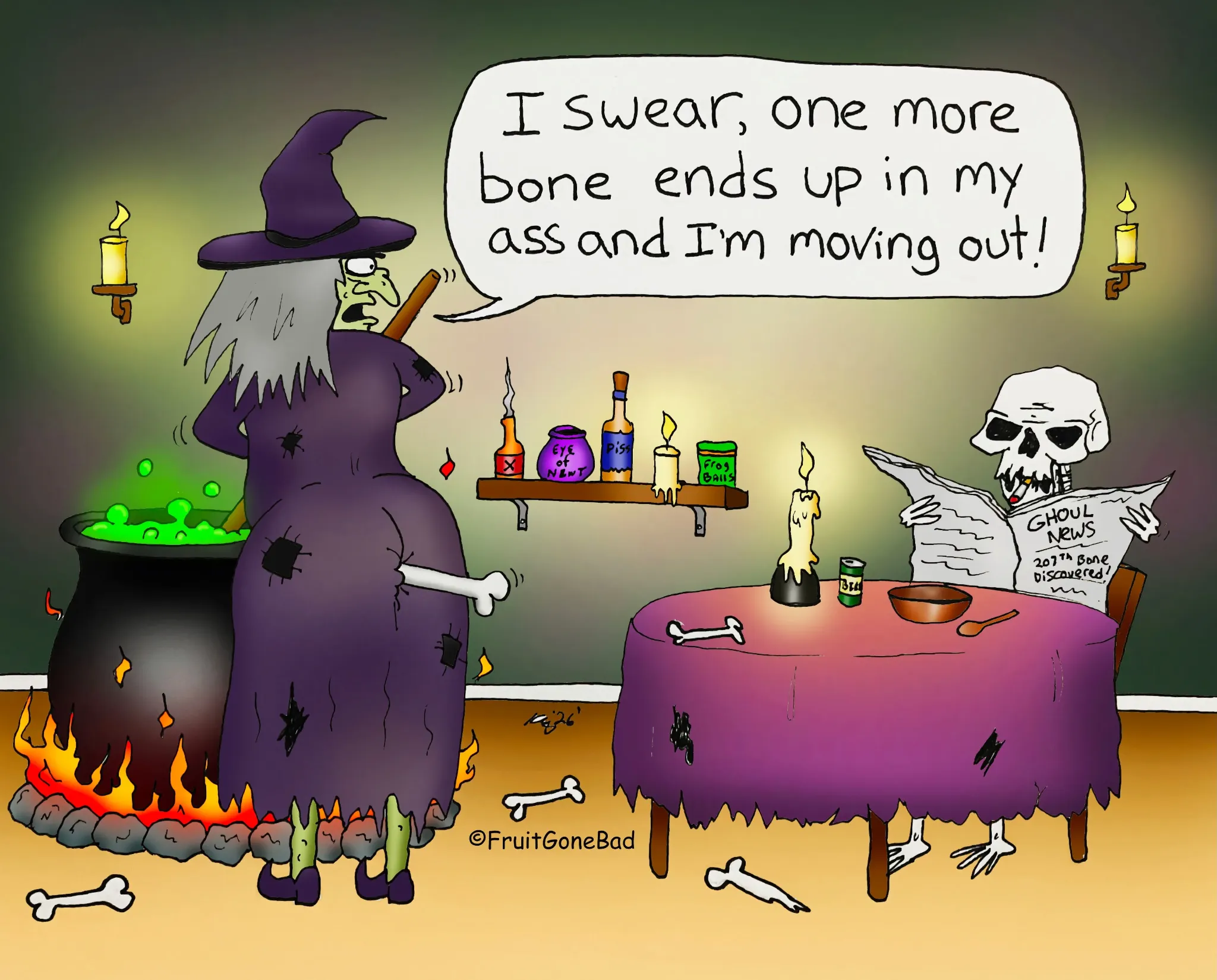 Fruit Gone Bad comic #20: a witch complains to a skeleton reading the Ghoul News beside a bubbling cauldron.