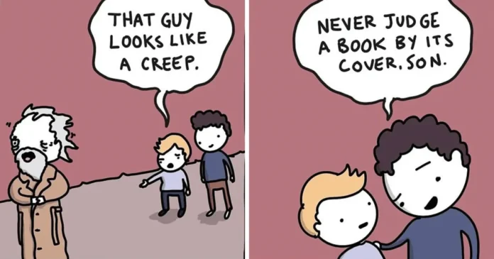 Four-panel comic in which two children judge a disheveled man, then learn the book-cover warning is literal.