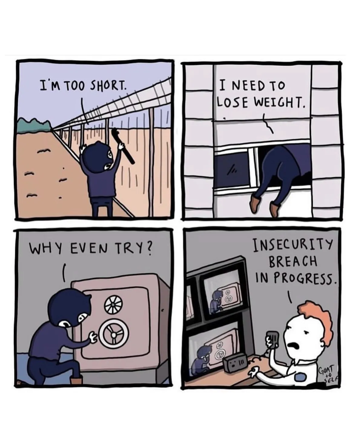 Four-panel Goat to Self comic about a short burglar, an attempted break-in, and an alarm system