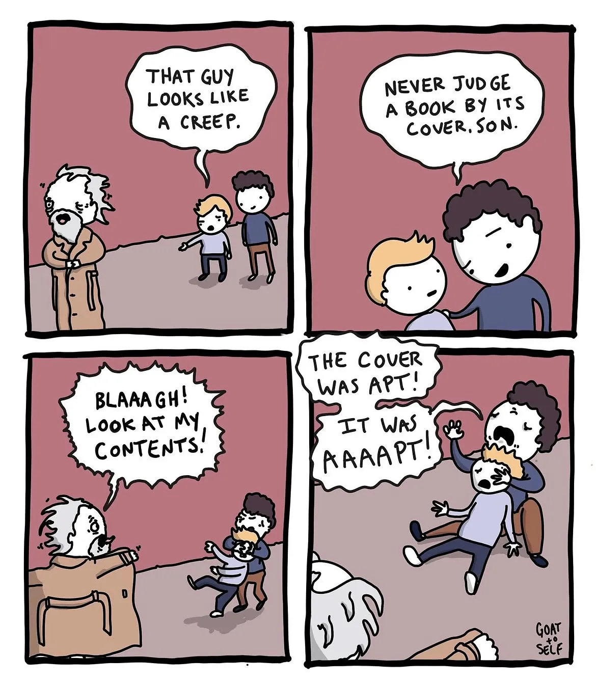 Four-panel comic in which two children judge a disheveled man, then learn the book-cover warning is literal.