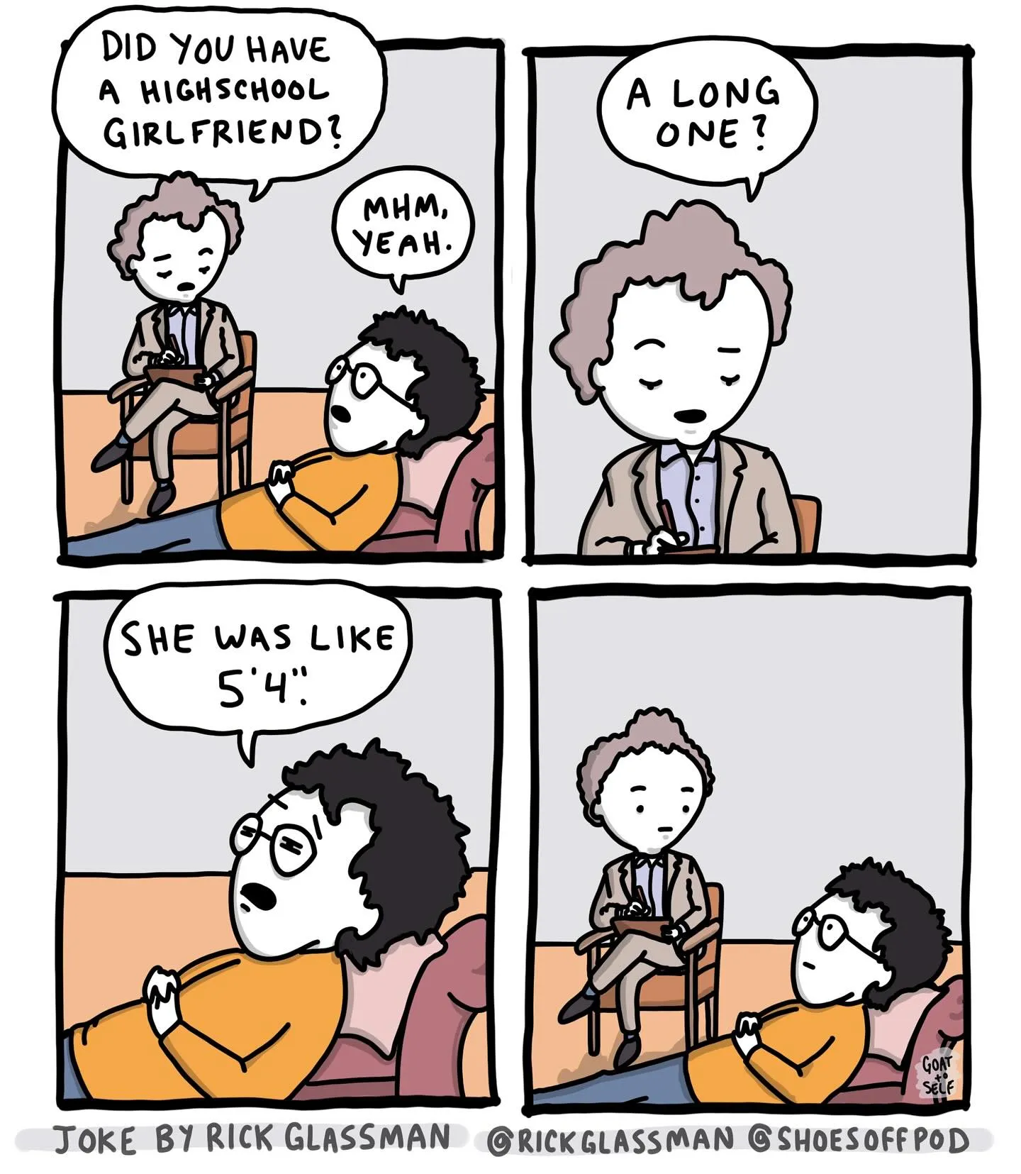 Four-panel therapy joke about a man describing his high-school girlfriend as five-foot-four.