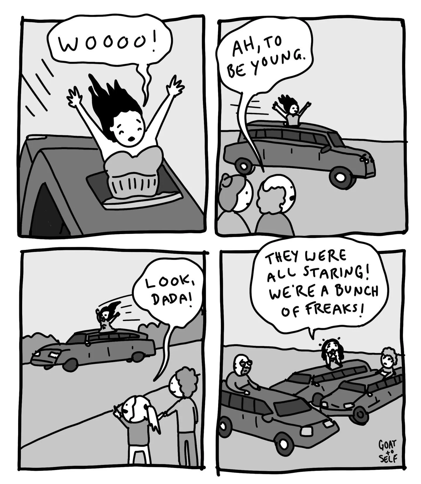 Four-panel comic featuring a child cheering through a car sunroof while bystanders misread the situation.