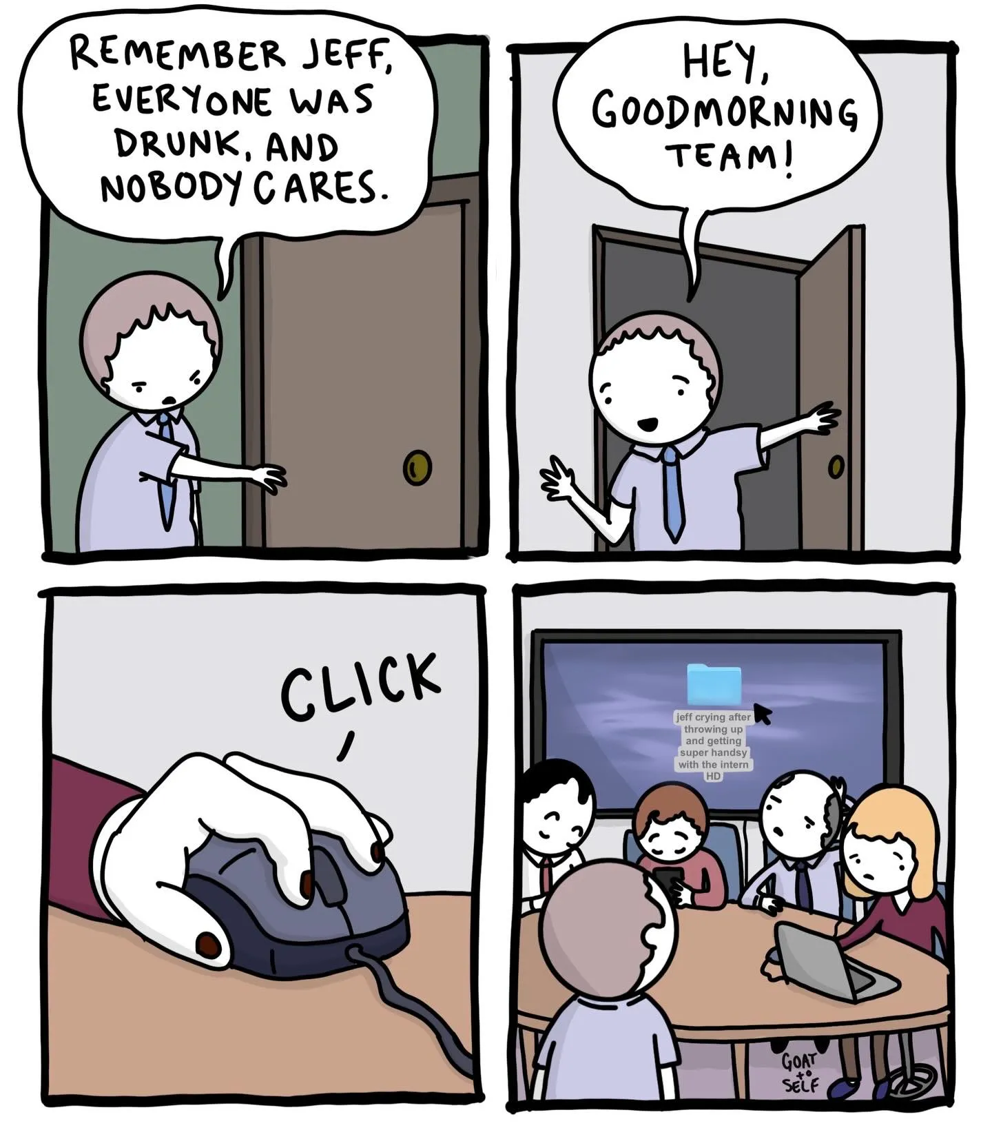 Office comic where a coworker reassures Jeff about a drunken night before colleagues reveal they saved a humiliating file.