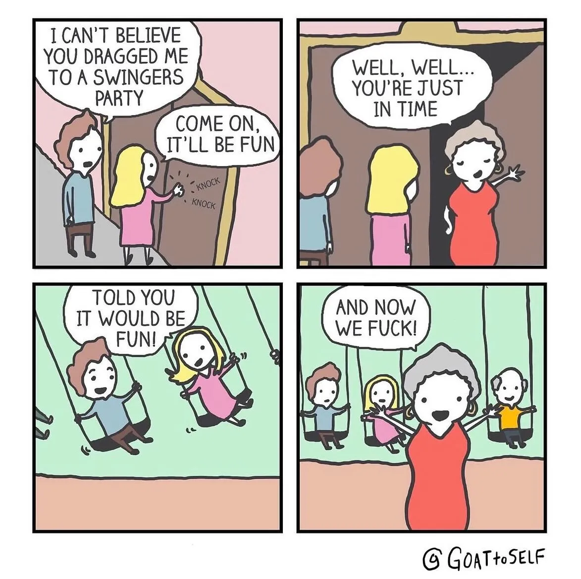 Four-panel comic about a reluctant couple arriving at a party and discovering the unexpected activity is swinging on playground swings.