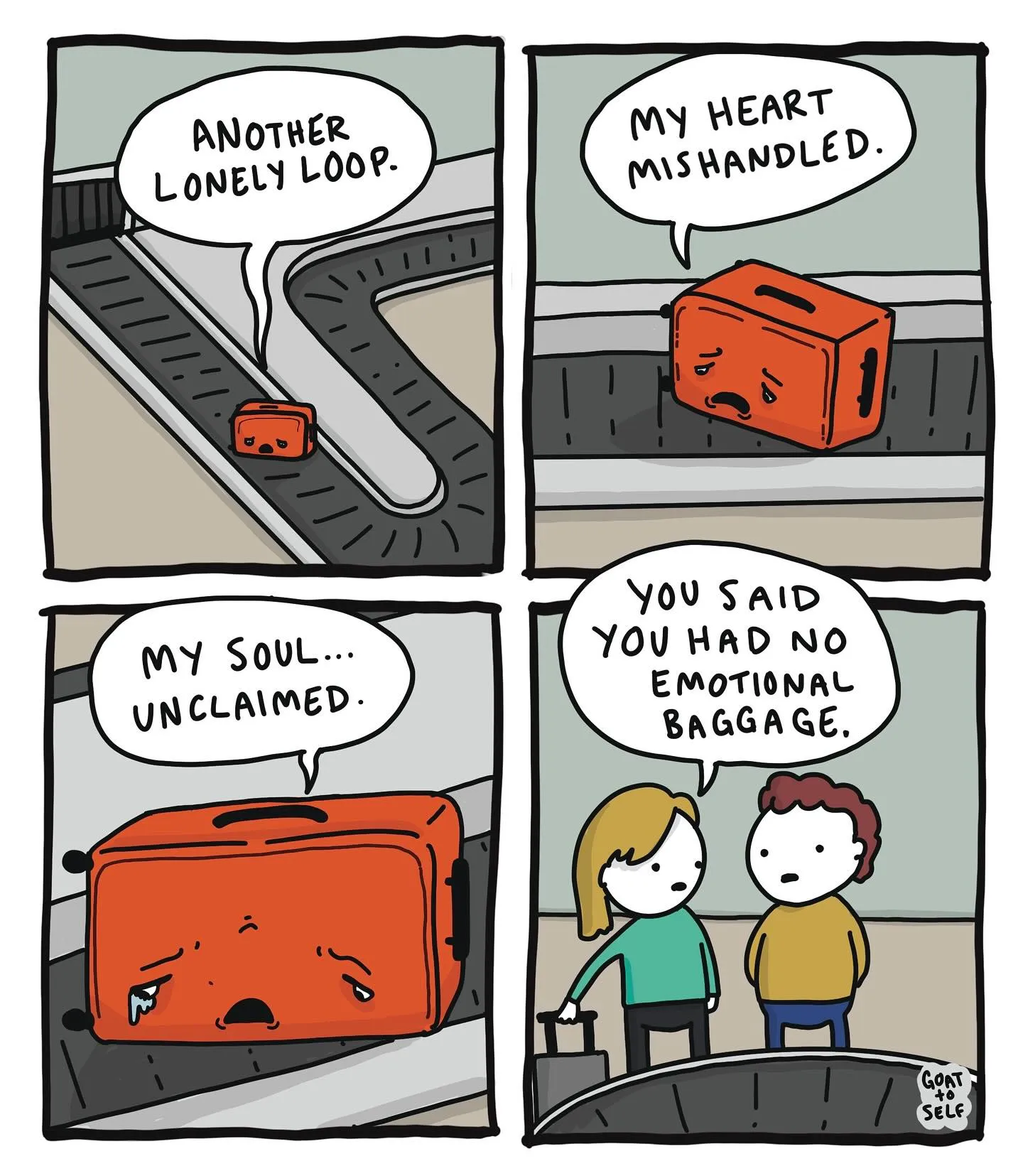 Personified orange suitcase rides an airport baggage carousel and complains about emotional baggage.