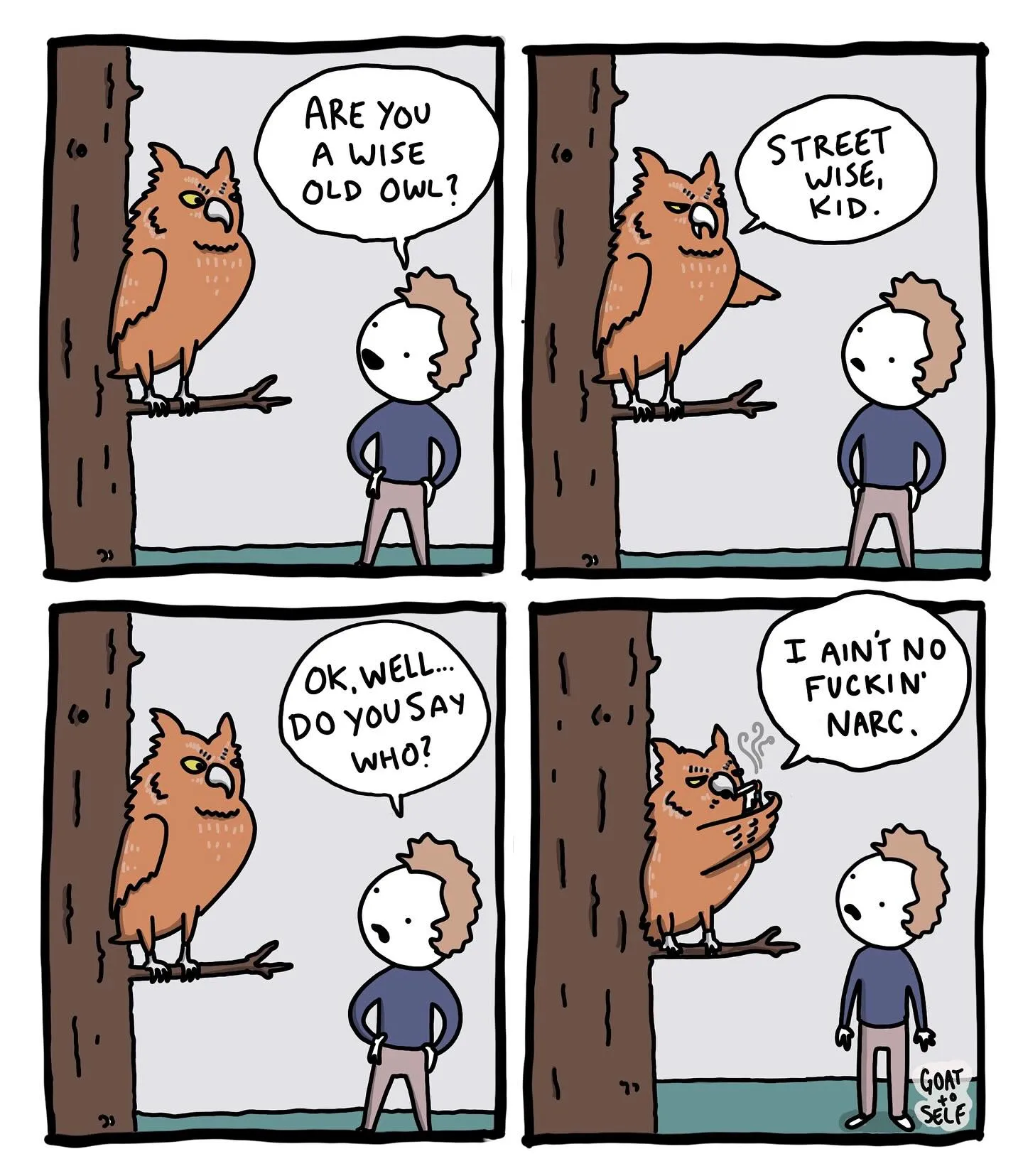 Four-panel owl comic contrasts wisdom with street smarts and ends with the owl rejecting the idea of being a narc.