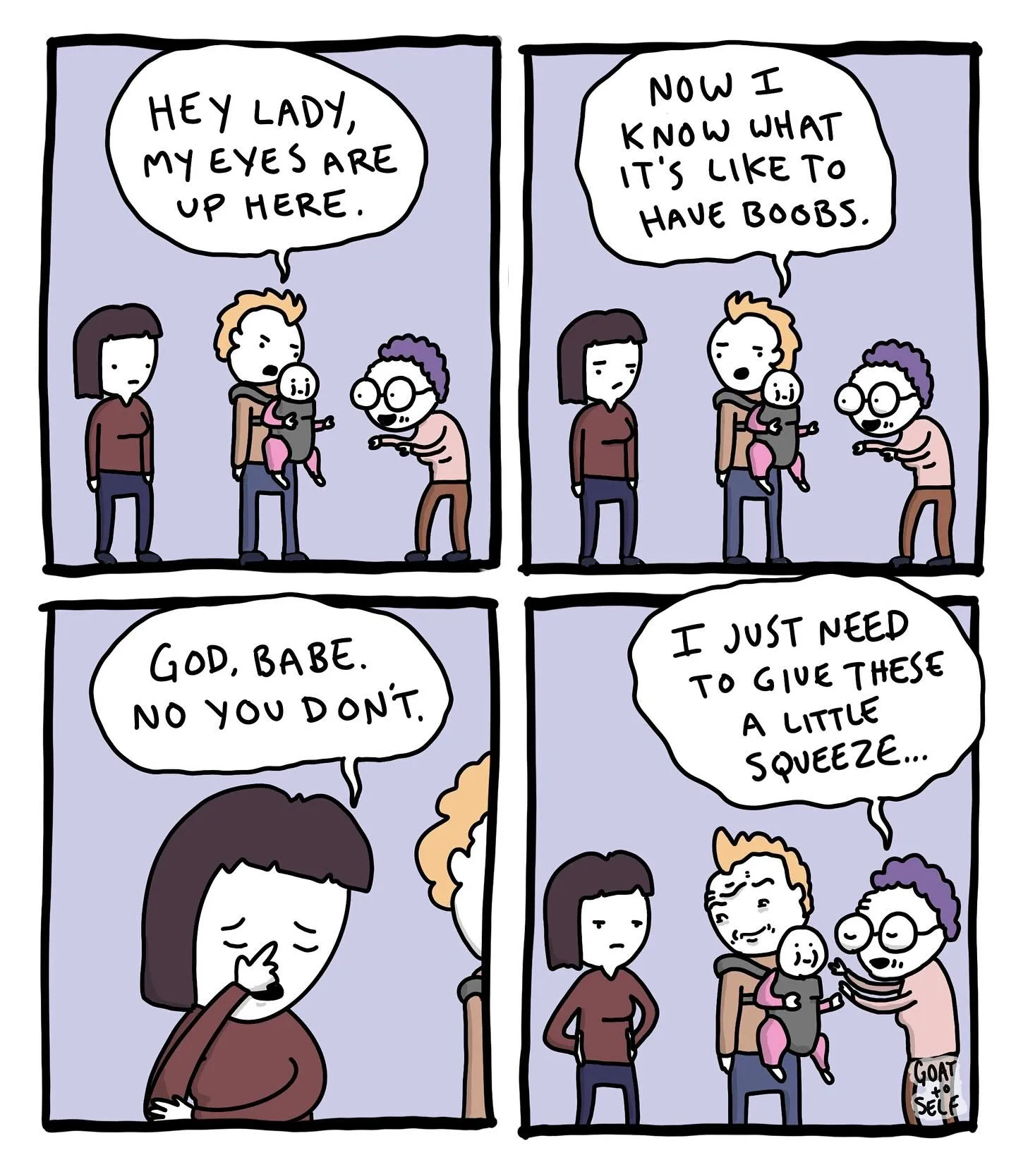 Four-panel family comic about a man holding a baby and making an unwelcome joke about having breasts.