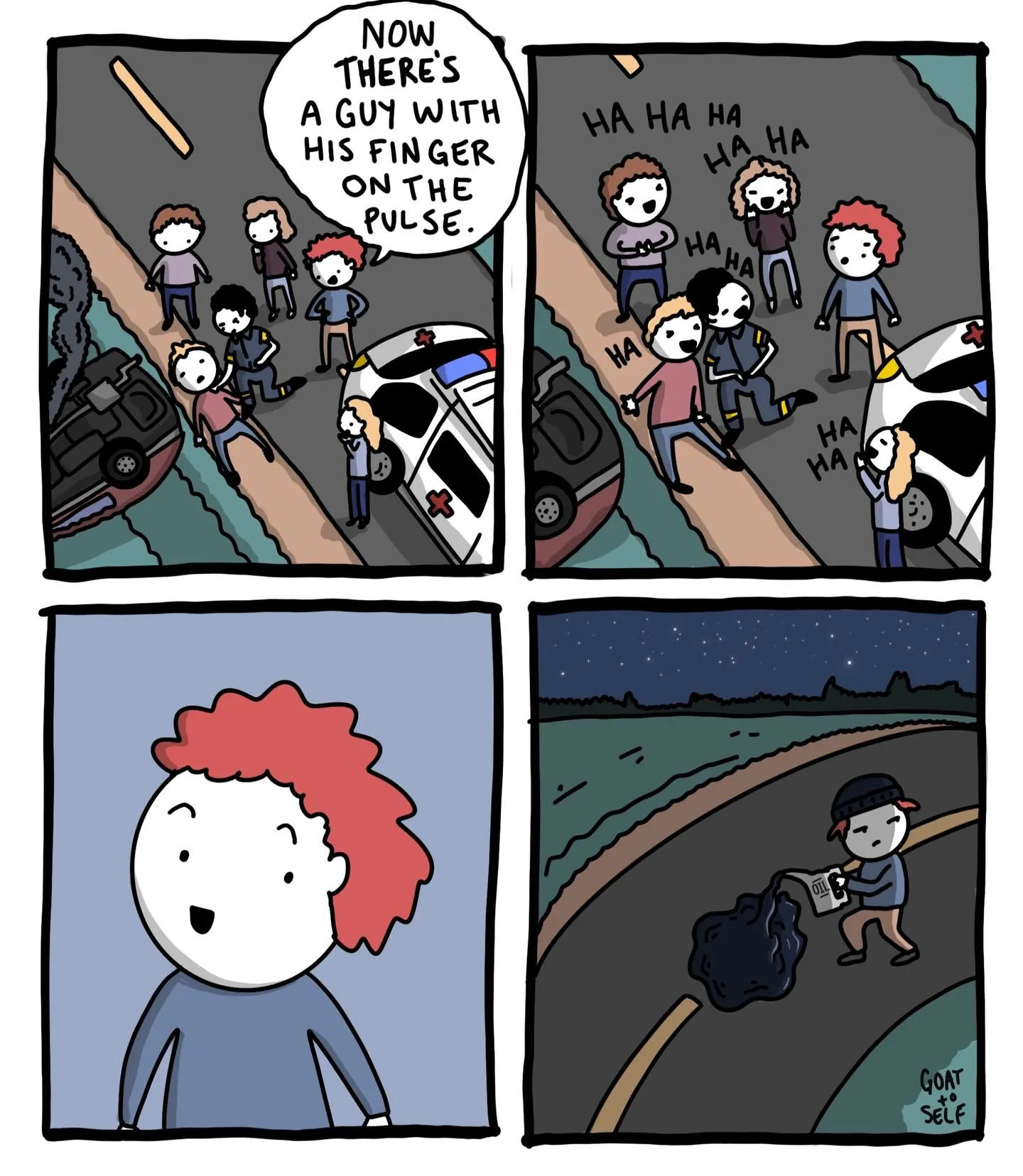 Four-panel dark comic shows bystanders laughing at a roadside accident before a child is shown placing trash beside the road.