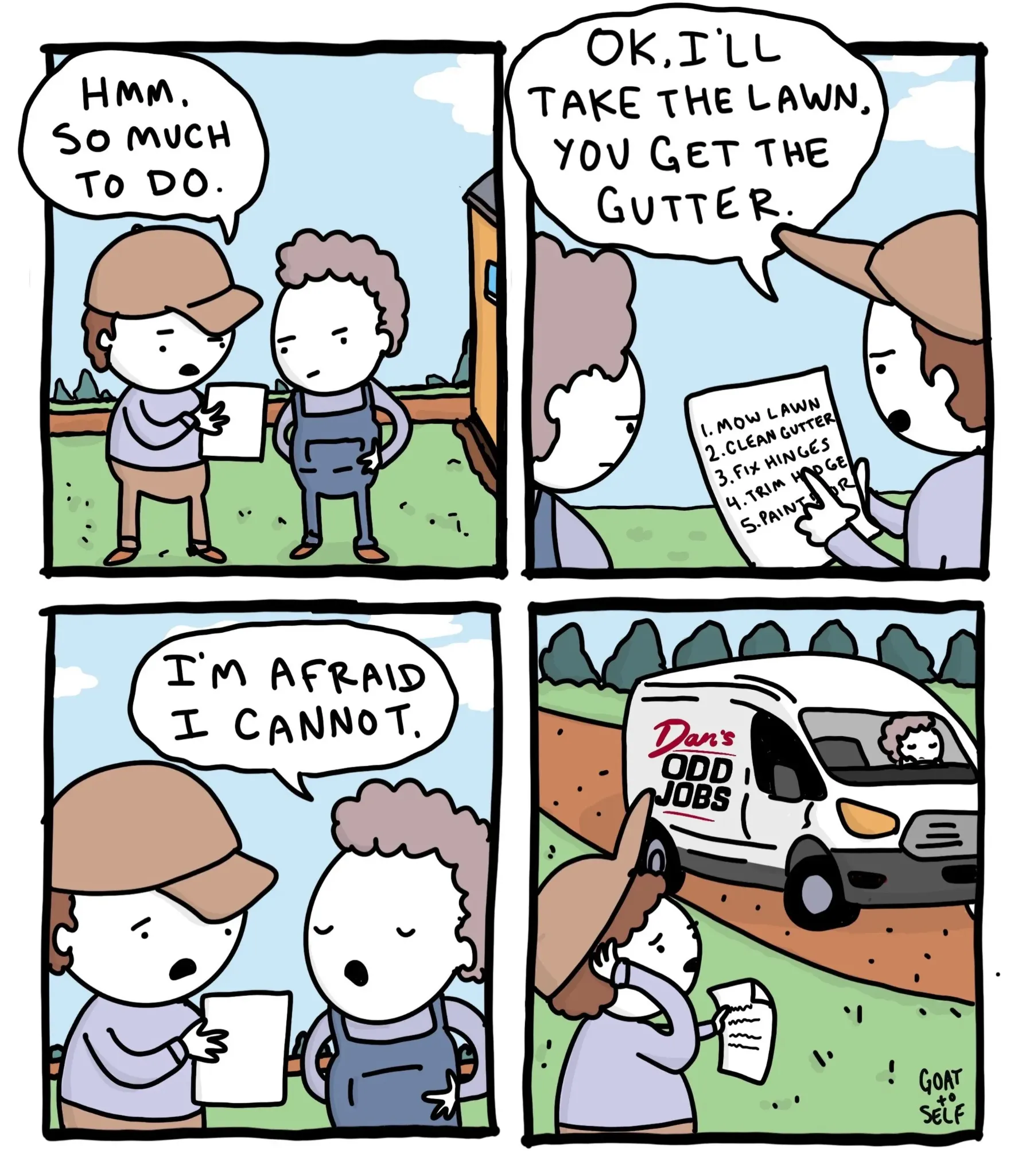 Four-panel handyman comic turns a list of home repairs into a refusal to do the work and an odd-jobs van exit.
