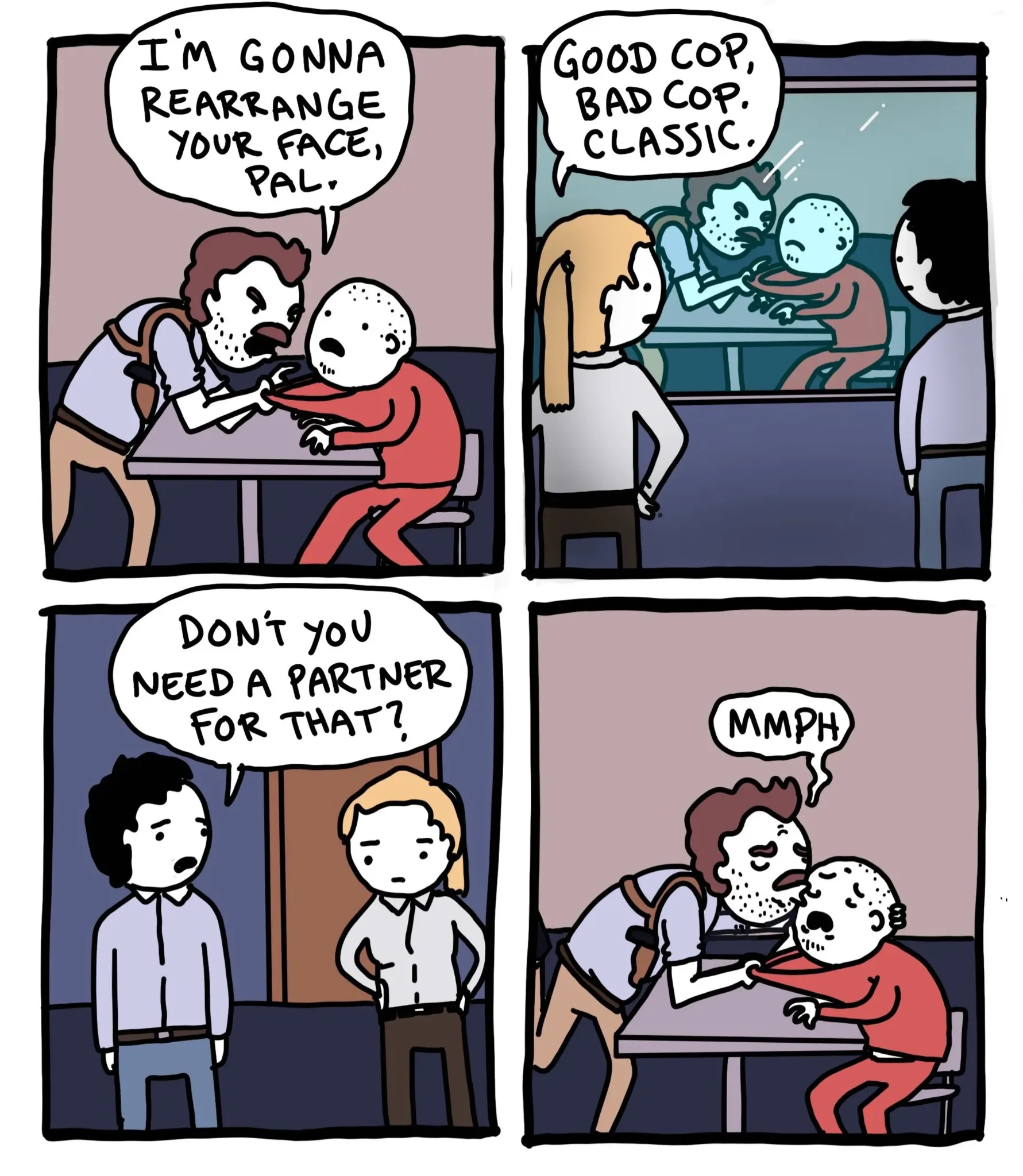 Four-panel interrogation comic turns a threat to rearrange a suspect's face into a good-cop bad-cop joke.