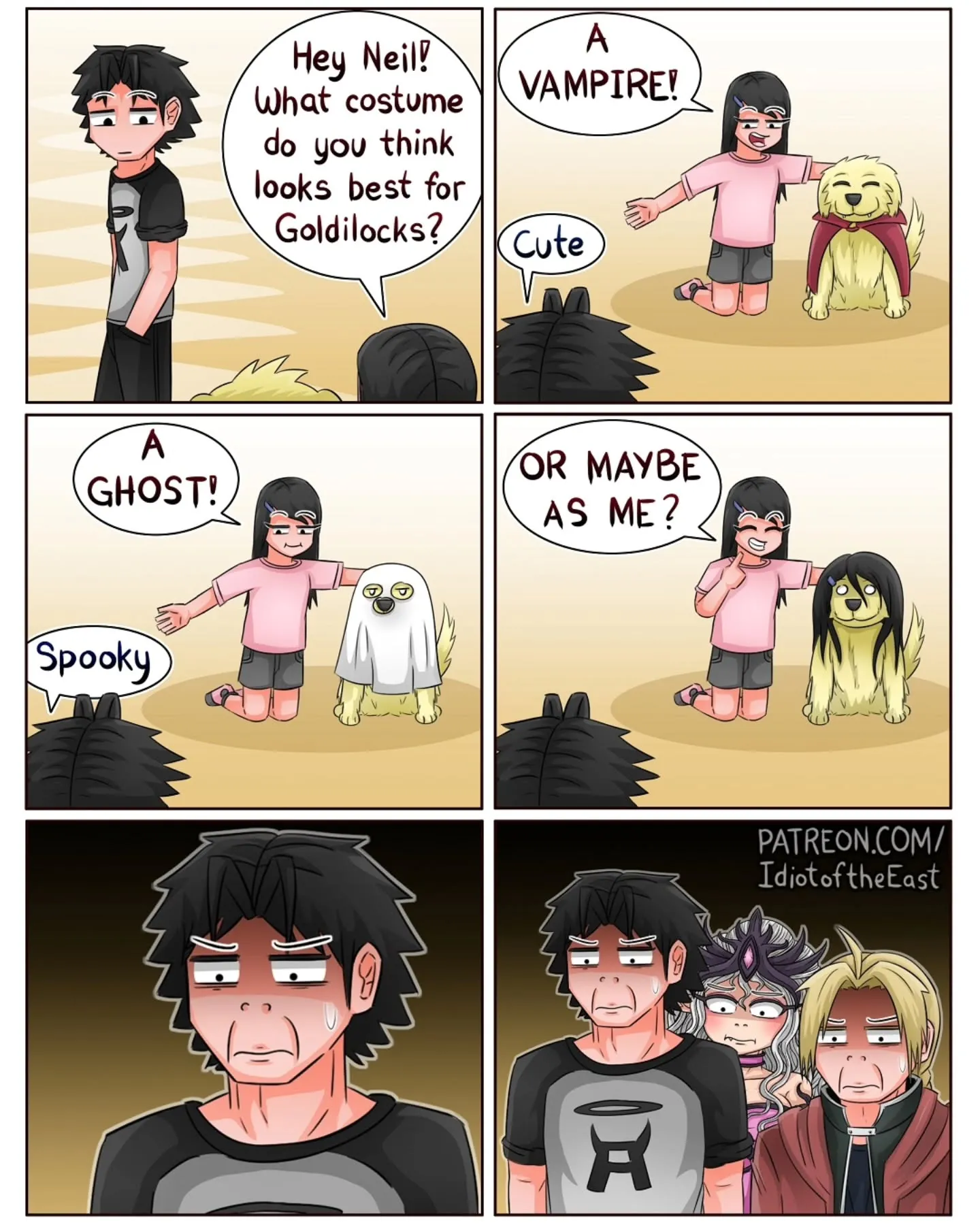 Six-panel comic where a girl suggests vampire and ghost costumes for a dog dressed as Goldilocks while Neil looks unimpressed.