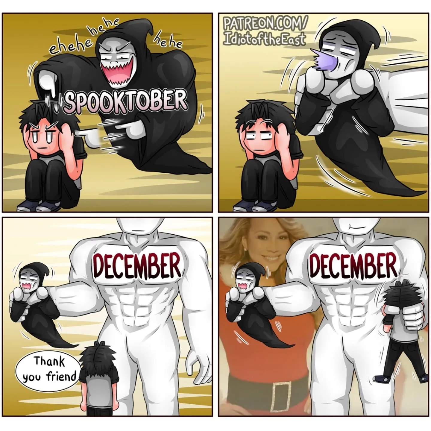 Comic panels show a grinning grim reaper tormenting a frightened black-haired boy, then a muscular figure labeled December carrying them.