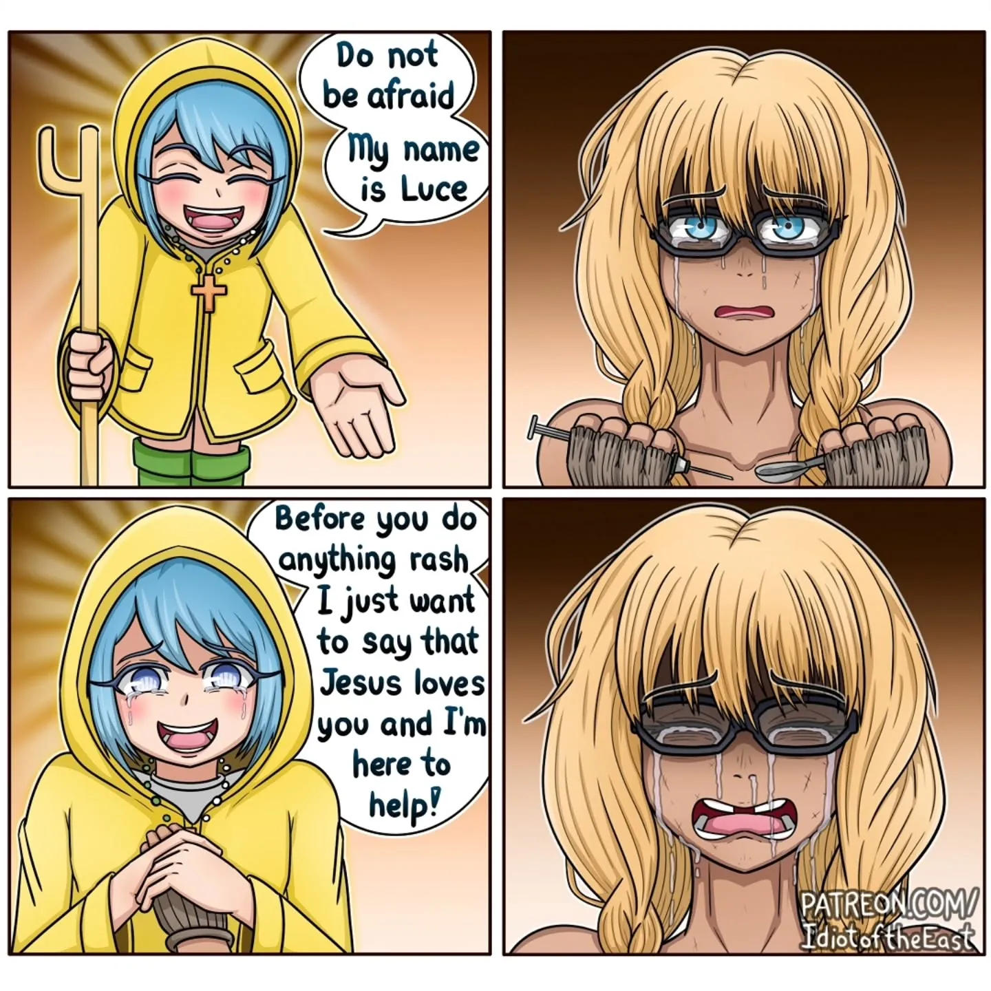 A smiling blue-haired character in a yellow hood offers comfort while a blonde character with glasses cries dramatically.