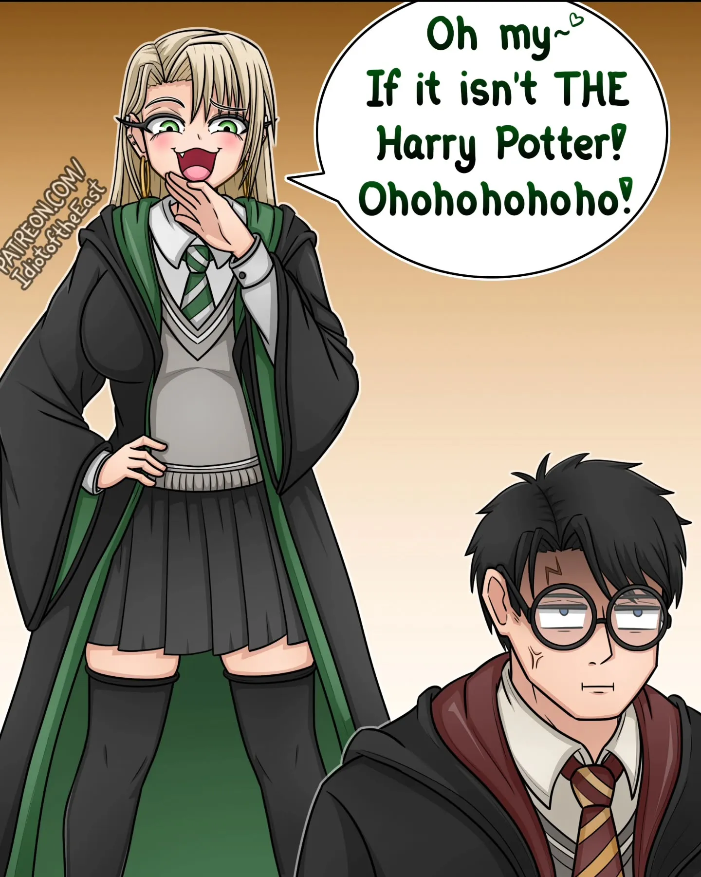 A green-and-black school-robed character laughs over Harry Potter while a bespectacled dark-haired character looks unimpressed.