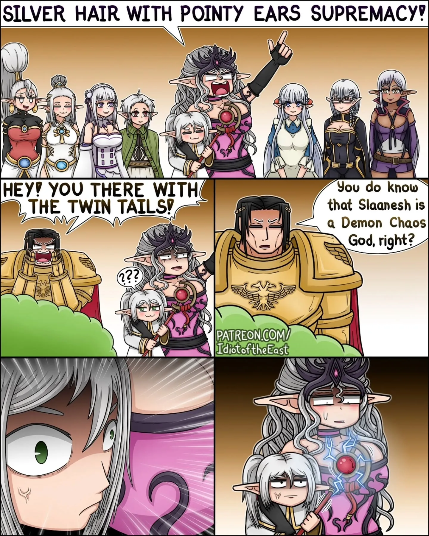 A fantasy ensemble of silver-haired, pointed-ear characters surrounds an excited purple-haired elf, while a gold-armored warrior reacts.