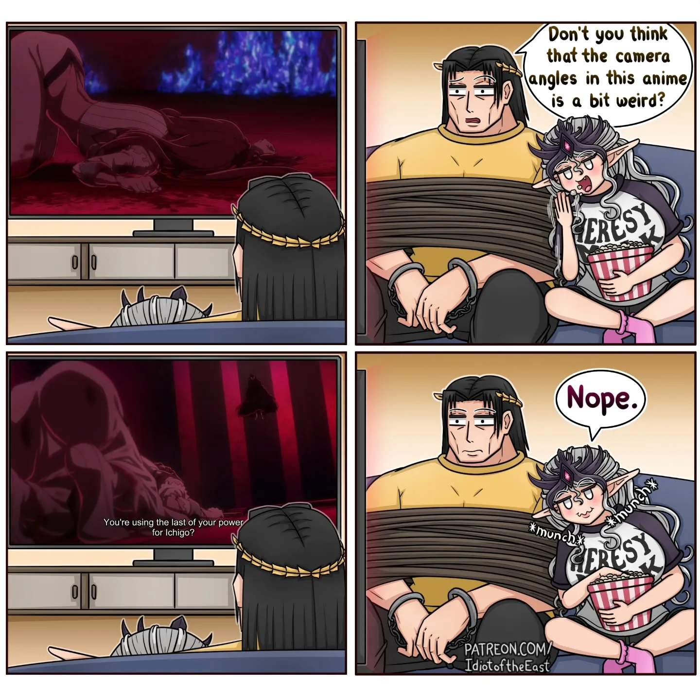 A restrained black-haired warrior and a mischievous silver-haired elf watch anime on television and joke about its camera angles.