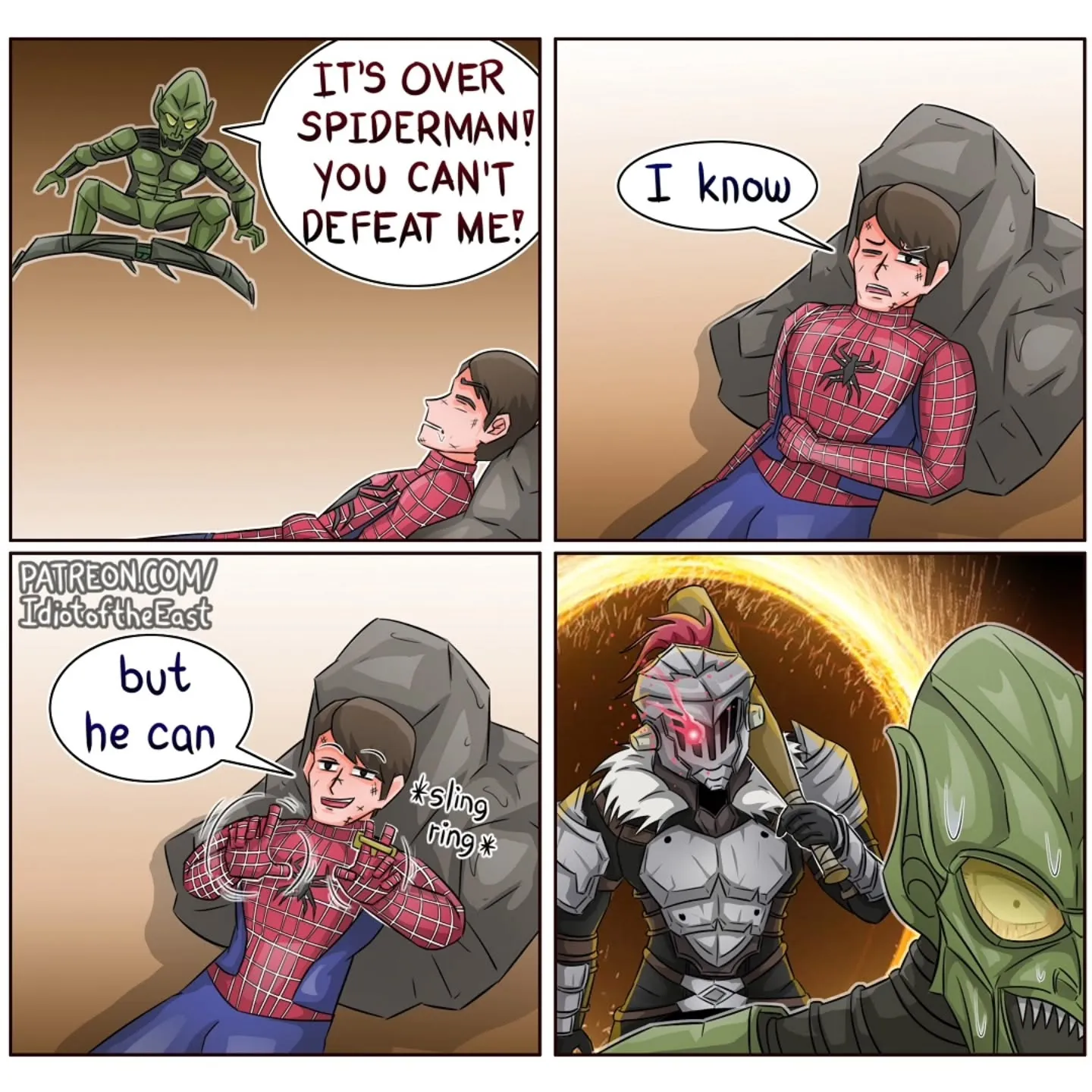 An injured Spider-Man lies against a rock as the Green Goblin boasts, before Spider-Man reveals a surprising way to fight back.