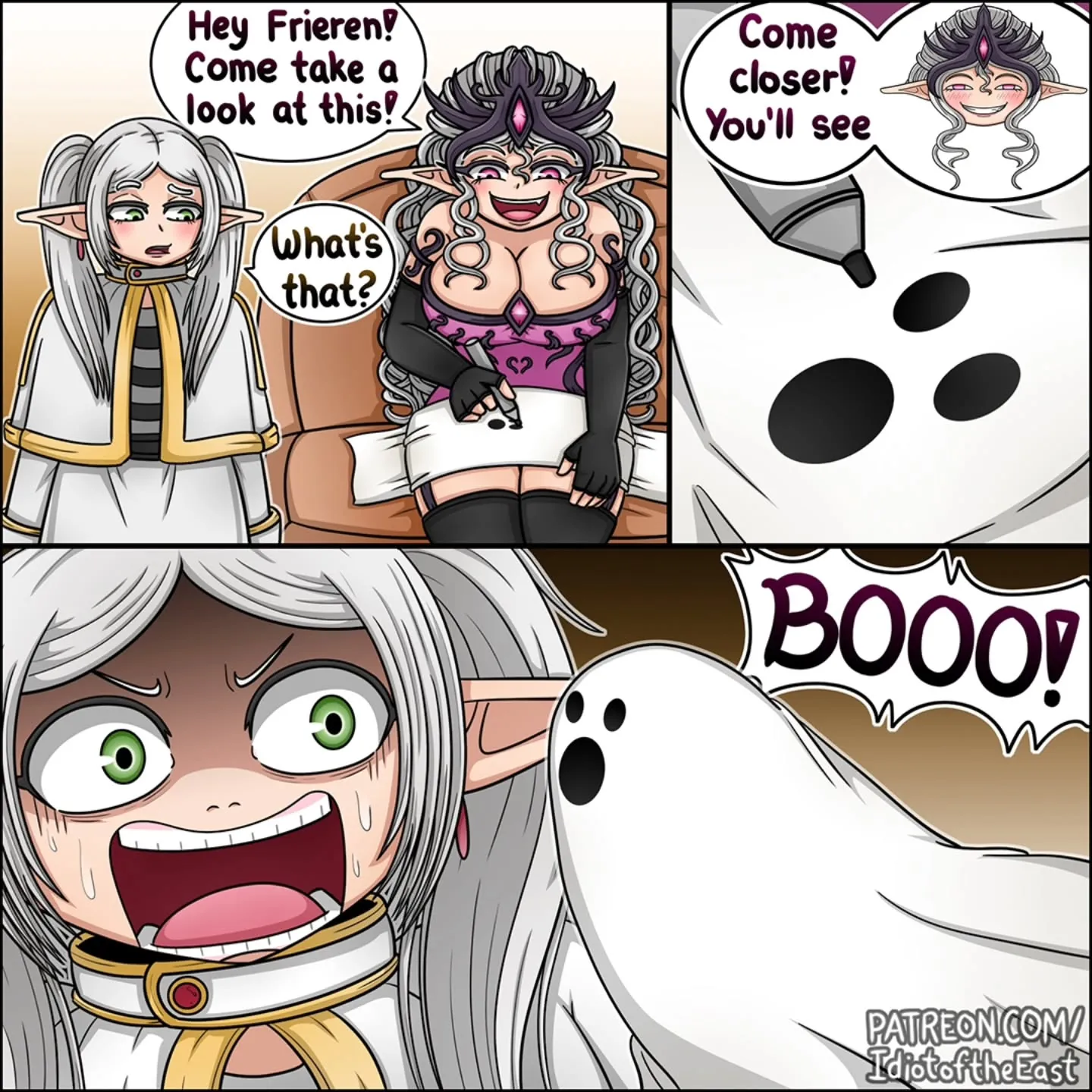 A silver-haired elf and a purple-haired companion examine a white sheet ghost, which suddenly shouts boo and makes the elf scream.