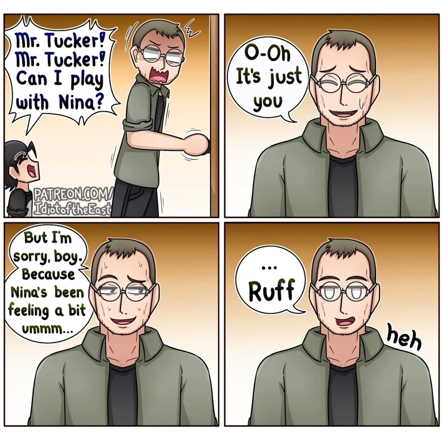 A young character asks Mr. Tucker to play with Nina, while the bespectacled man struggles to explain that Nina has been feeling unwell.