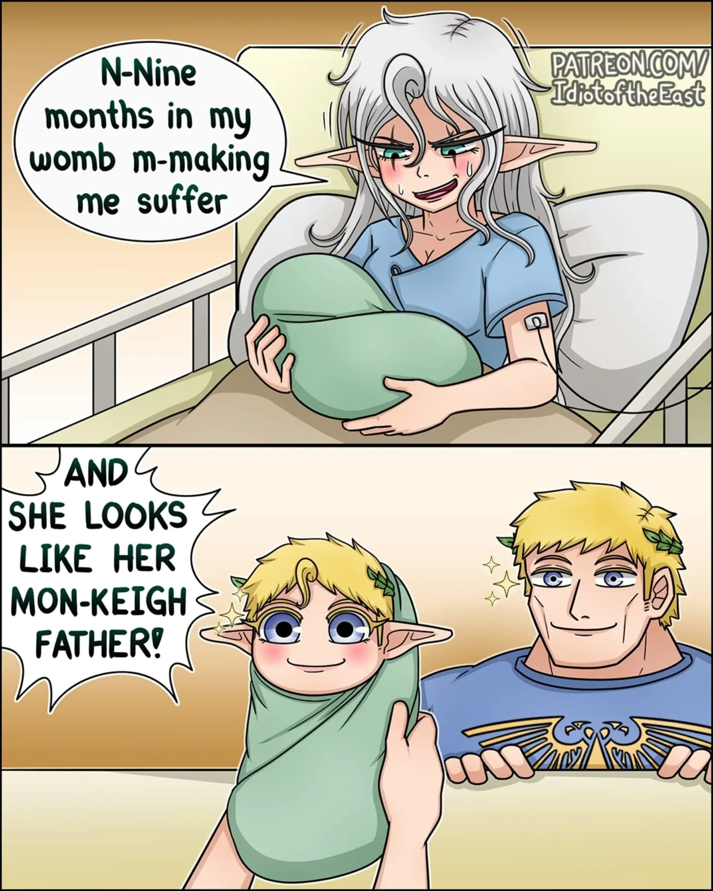 A silver-haired elf in a hospital bed holds a bundled newborn, followed by a smiling blond elf beside a baby with matching features.