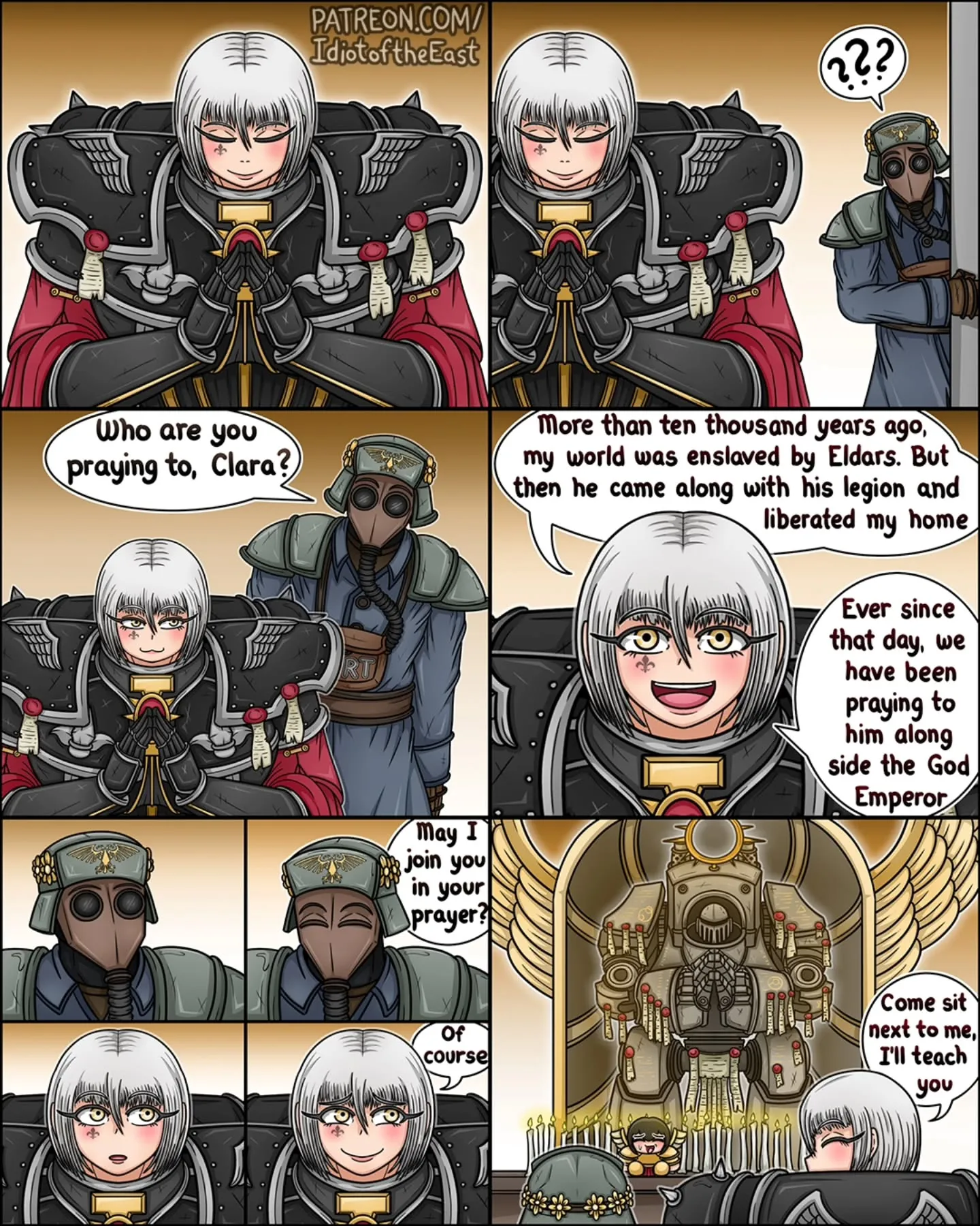 A white-haired character in black armor prays while a gas-masked soldier asks who she is praying to, then listens to her story about the God Emperor.