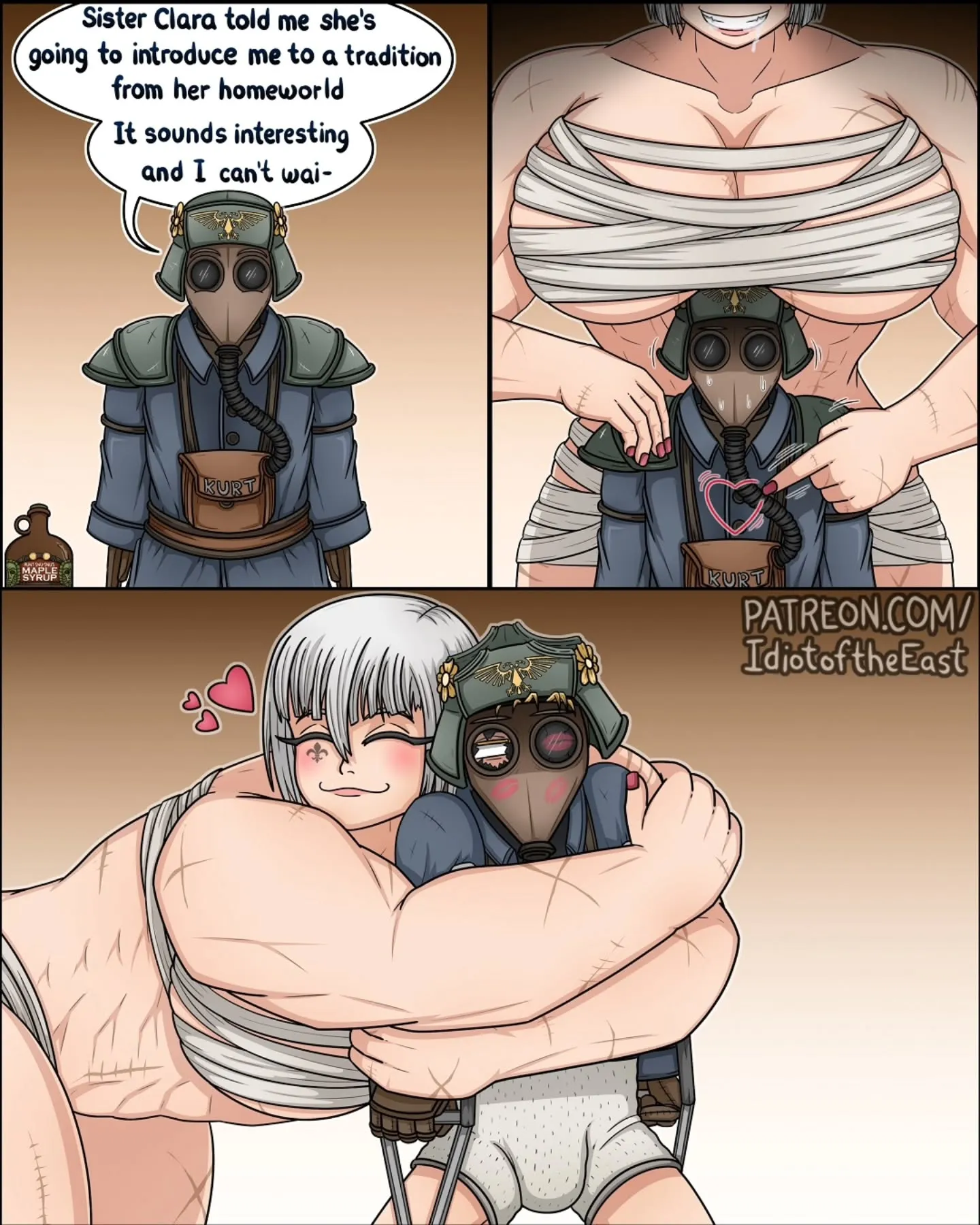 A gas-masked soldier describes an expected tradition before a white-haired elf embraces him in a tight bundle of bandages.