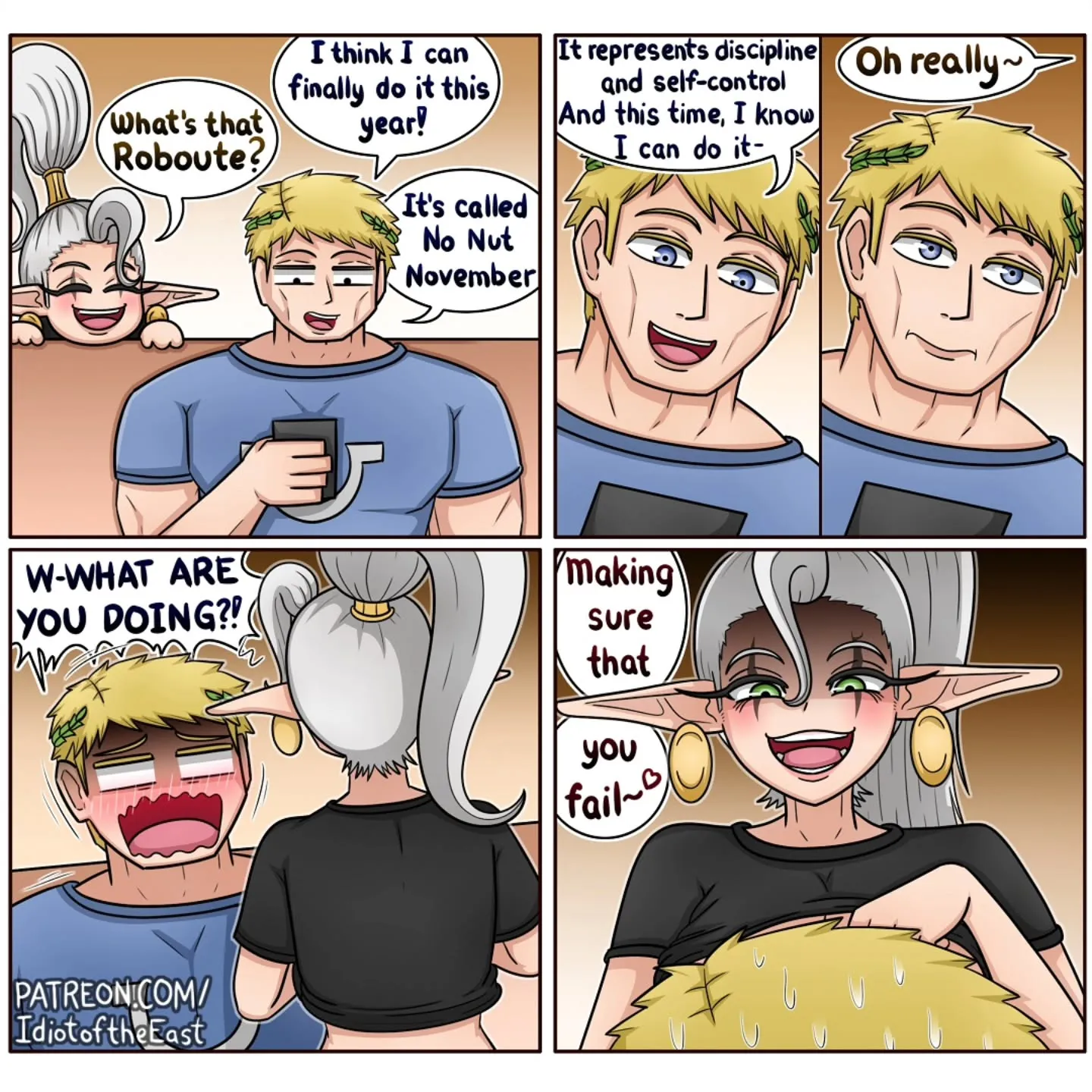 A blond warrior explains No Nut November to a silver-haired elf, then panics when a gray-haired elf begins teasing him.