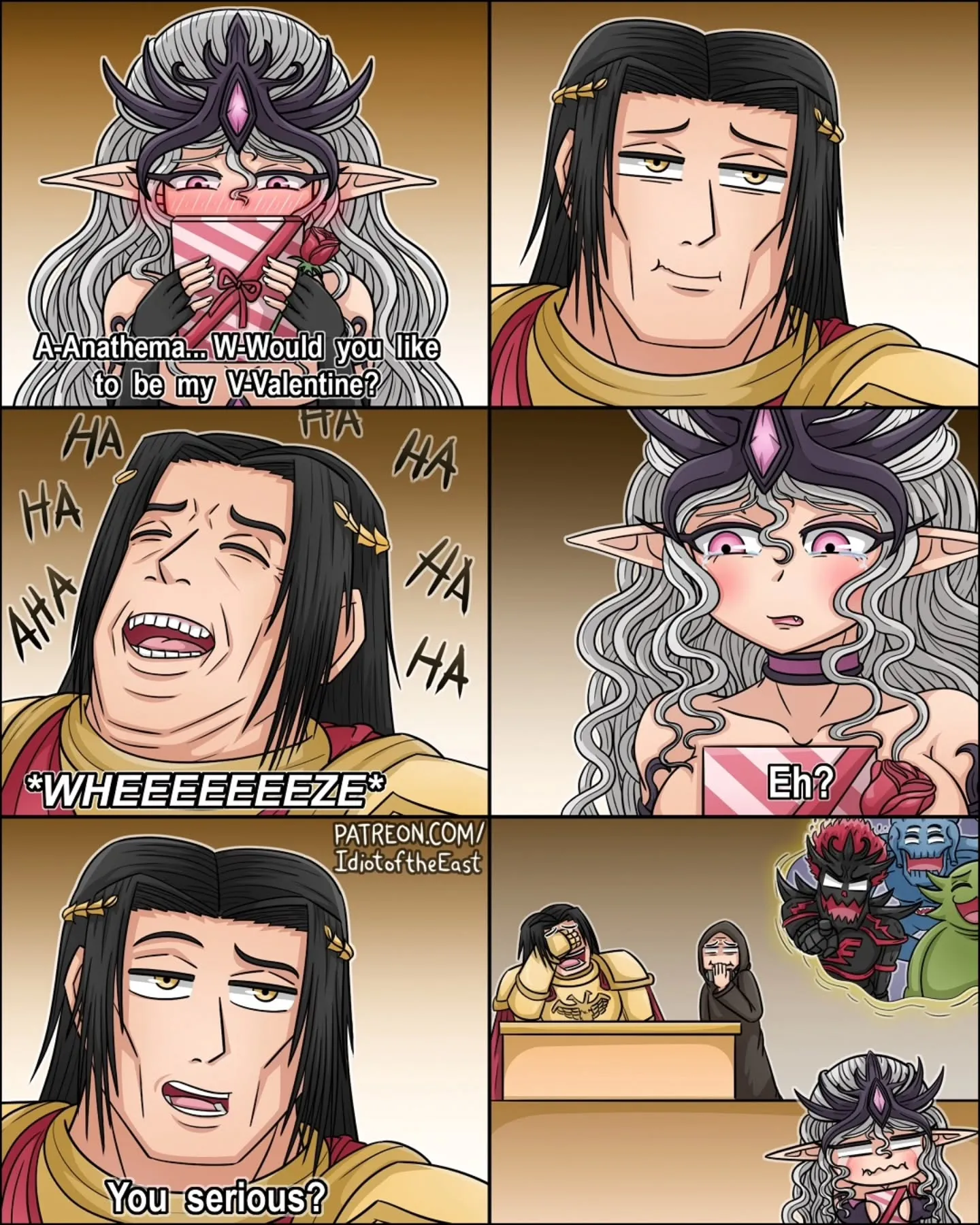A blushing silver-haired elf offers a heart-shaped Valentine to a long-haired warrior, whose laughter leaves her stunned and embarrassed.