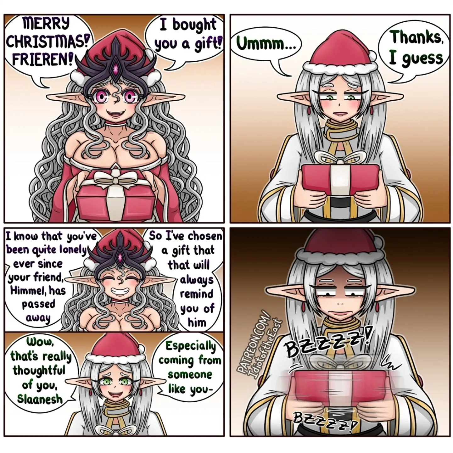 A purple-haired elf gives a silver-haired elf a Christmas present, which begins buzzing in her hands as she looks down suspiciously.