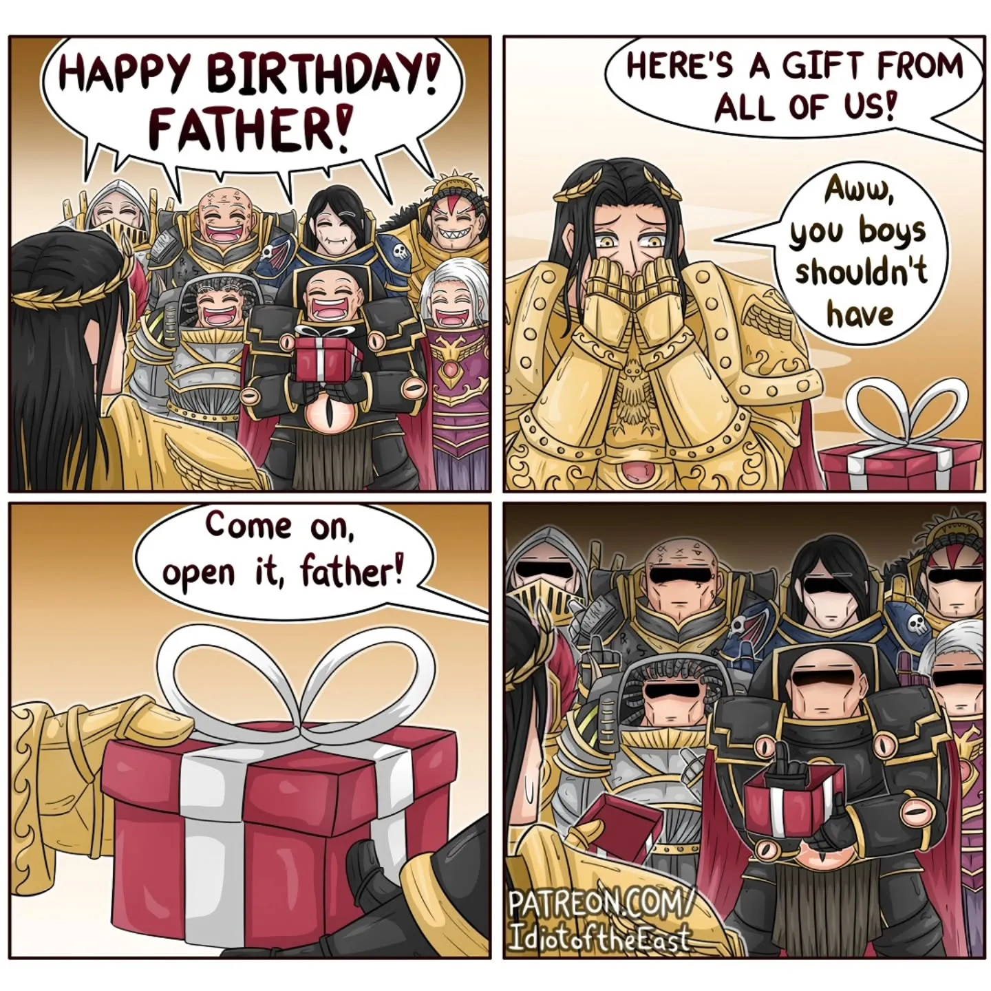 A crowd of armored fantasy characters celebrates a father's birthday and presents a large red gift box, then goes silent as he opens it.