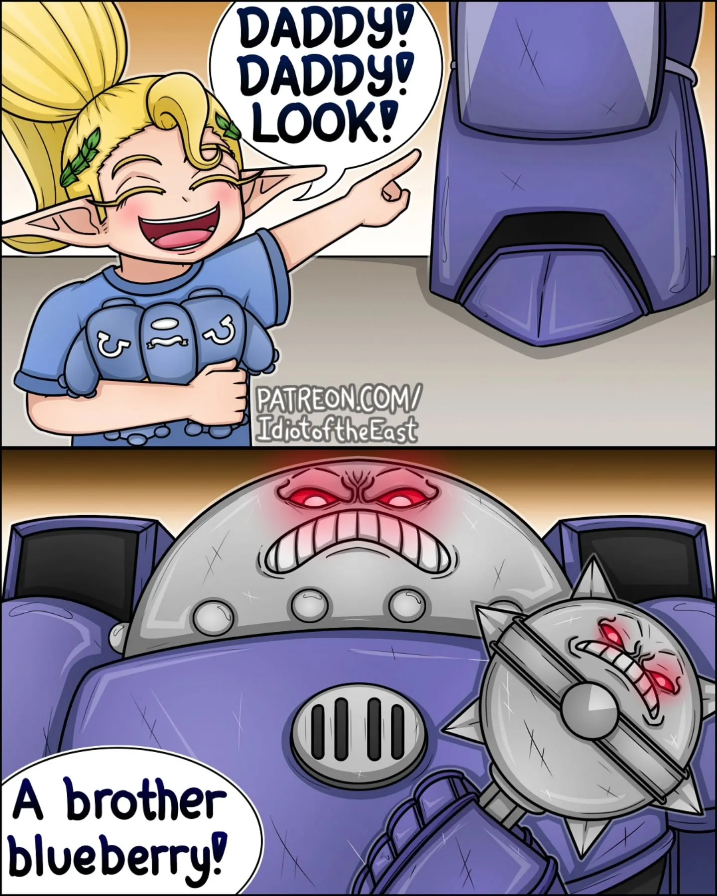 A cheerful blond child points toward a large purple armored robot and calls it a brother blueberry, while the robot's face turns furious.