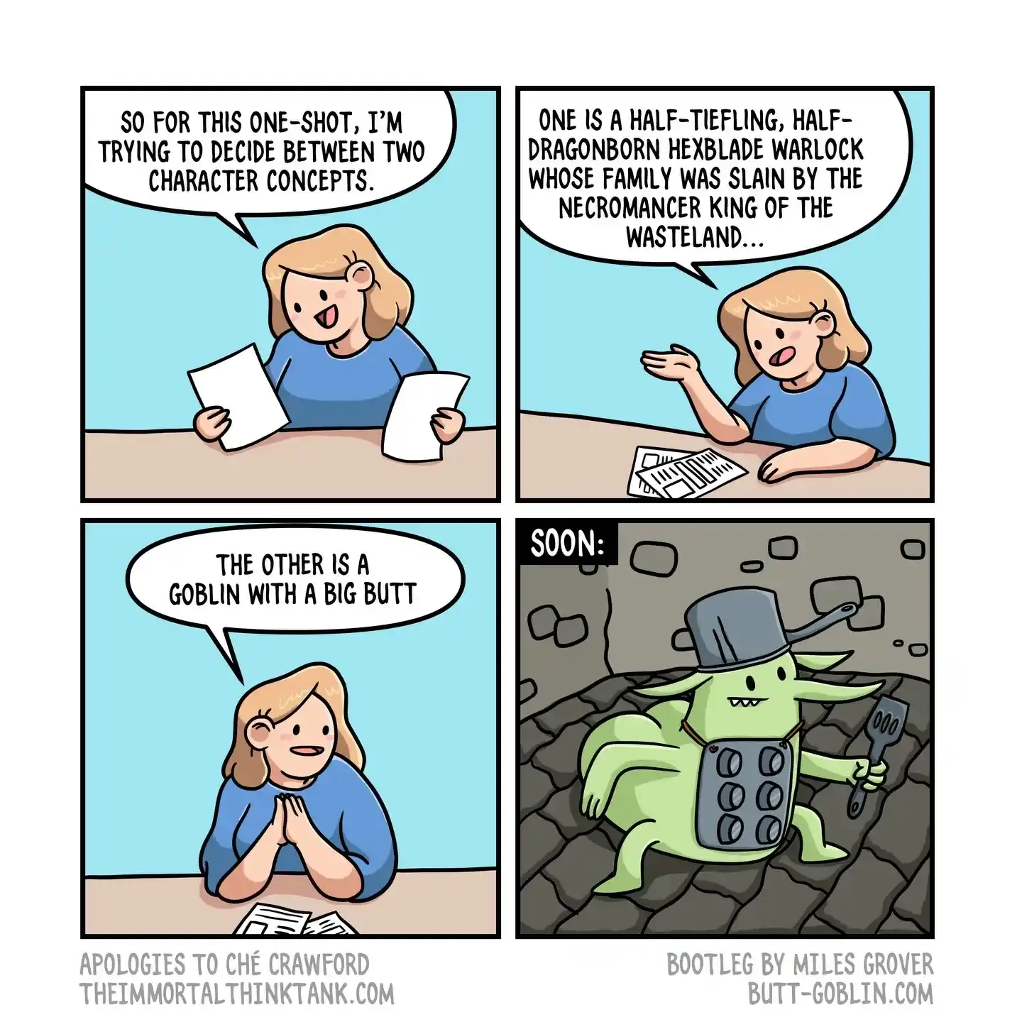 A four-panel comic contrasts an elaborate half-tiefling, half-dragonborn warlock backstory with a goblin character described as having a big butt; the final panel shows a green goblin-like creature.