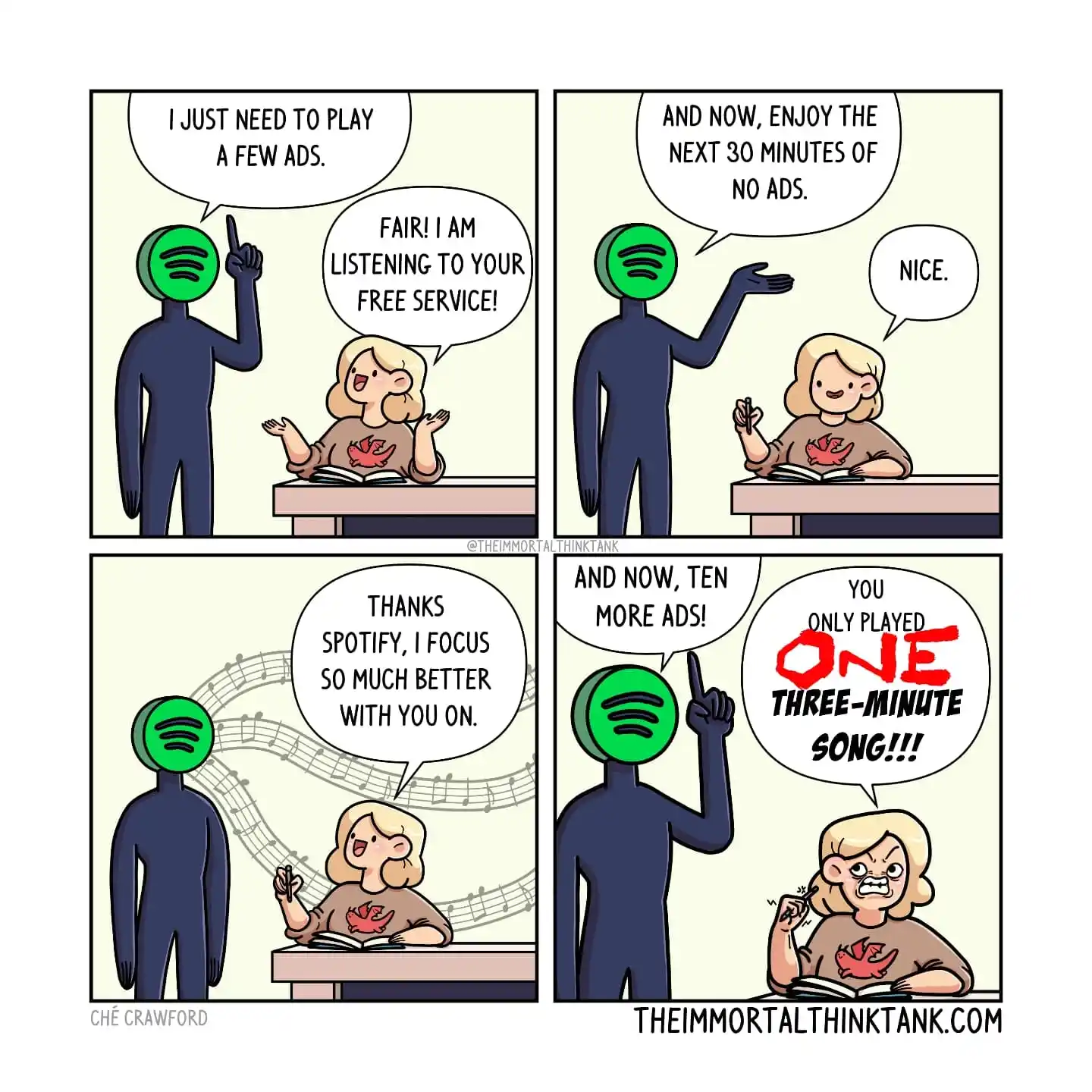 A four-panel comic personifies Spotify as a green-headed figure who promises an ad-free half hour, then announces more ads after the listener plays one song.