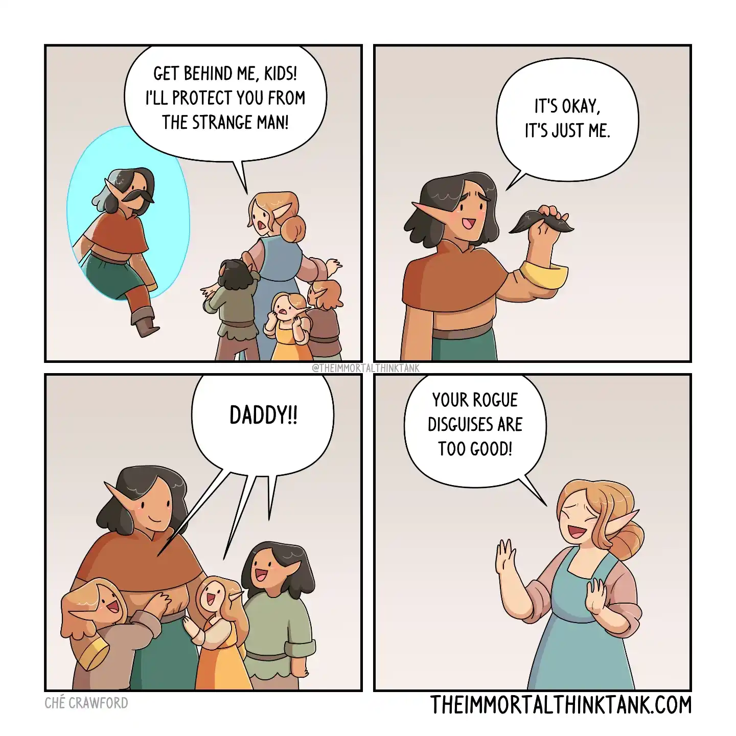 A fantasy comic shows a parent protecting children from a suspicious stranger, then revealing the stranger is their rogue father in disguise.