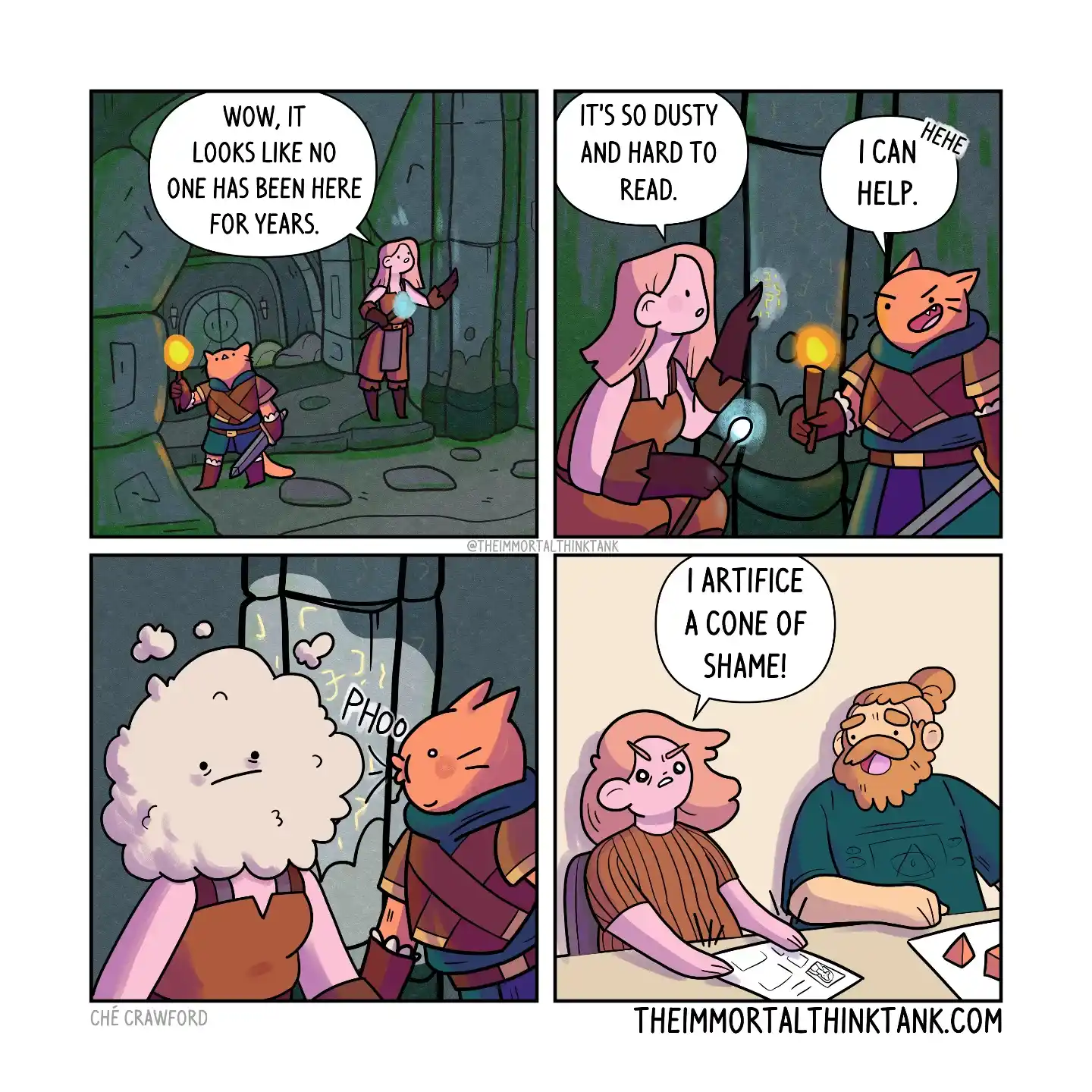 A fantasy adventuring party explores a dusty dungeon; a spell turns a pink-haired mage into a cloud, and another character calls the spell a cone of shame.