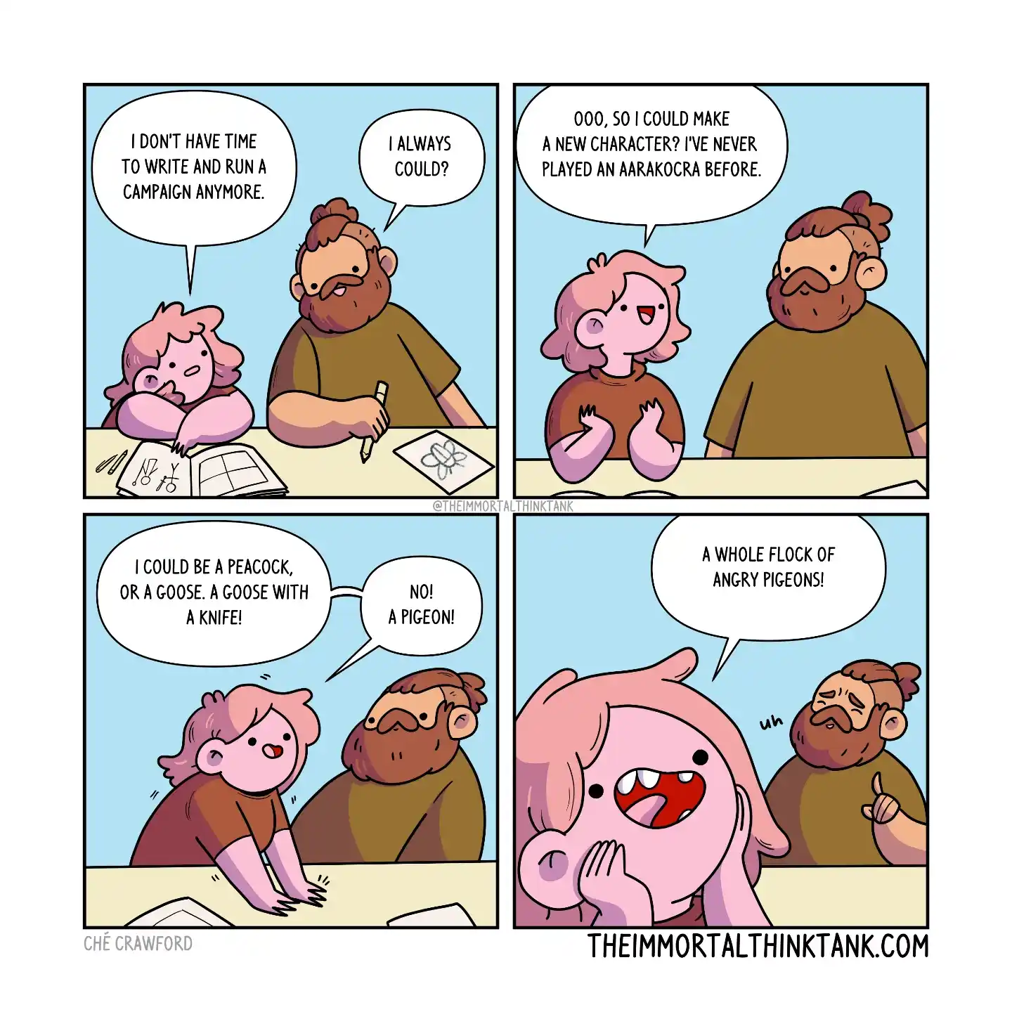 A tabletop RPG comic follows a player who says they have no time to run a campaign, then gets excited about playing an Aarakocra and a flock of angry pigeons.
