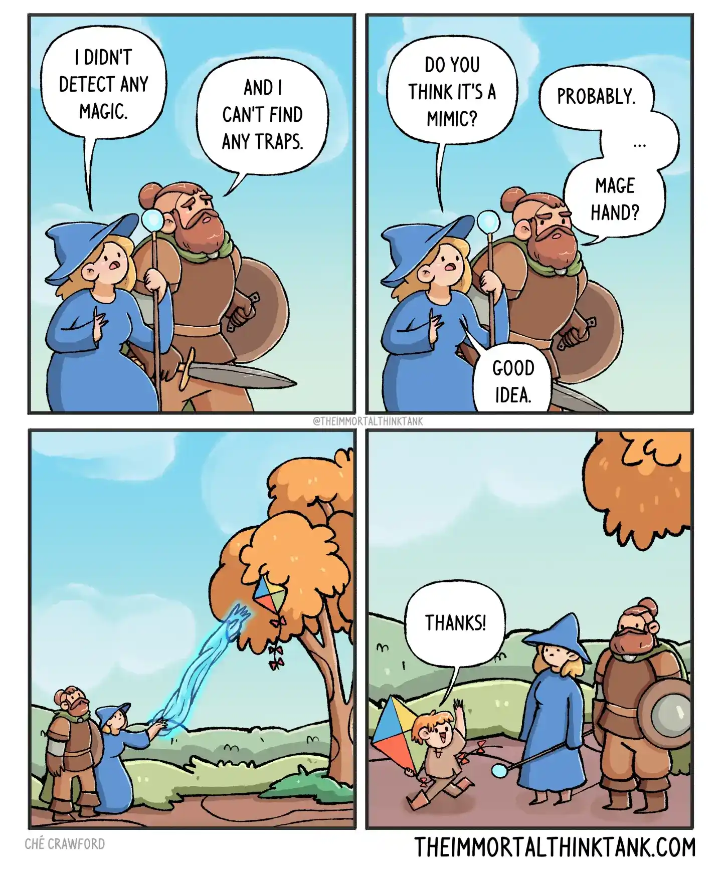 A wizard and armored companion fail to detect magic or traps, suspect a mimic, and use Mage Hand before a child retrieves a kite from a tree.