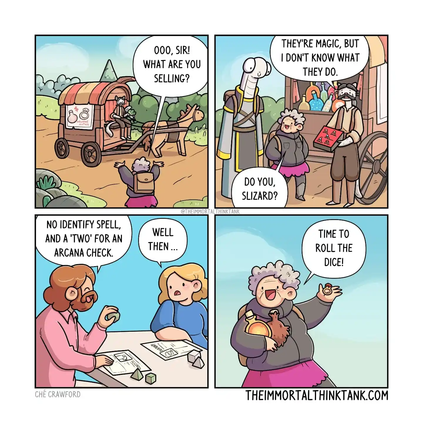 A fantasy adventurer asks a travelling merchant about mysterious magic items, gets no useful identification, and decides to roll the dice.
