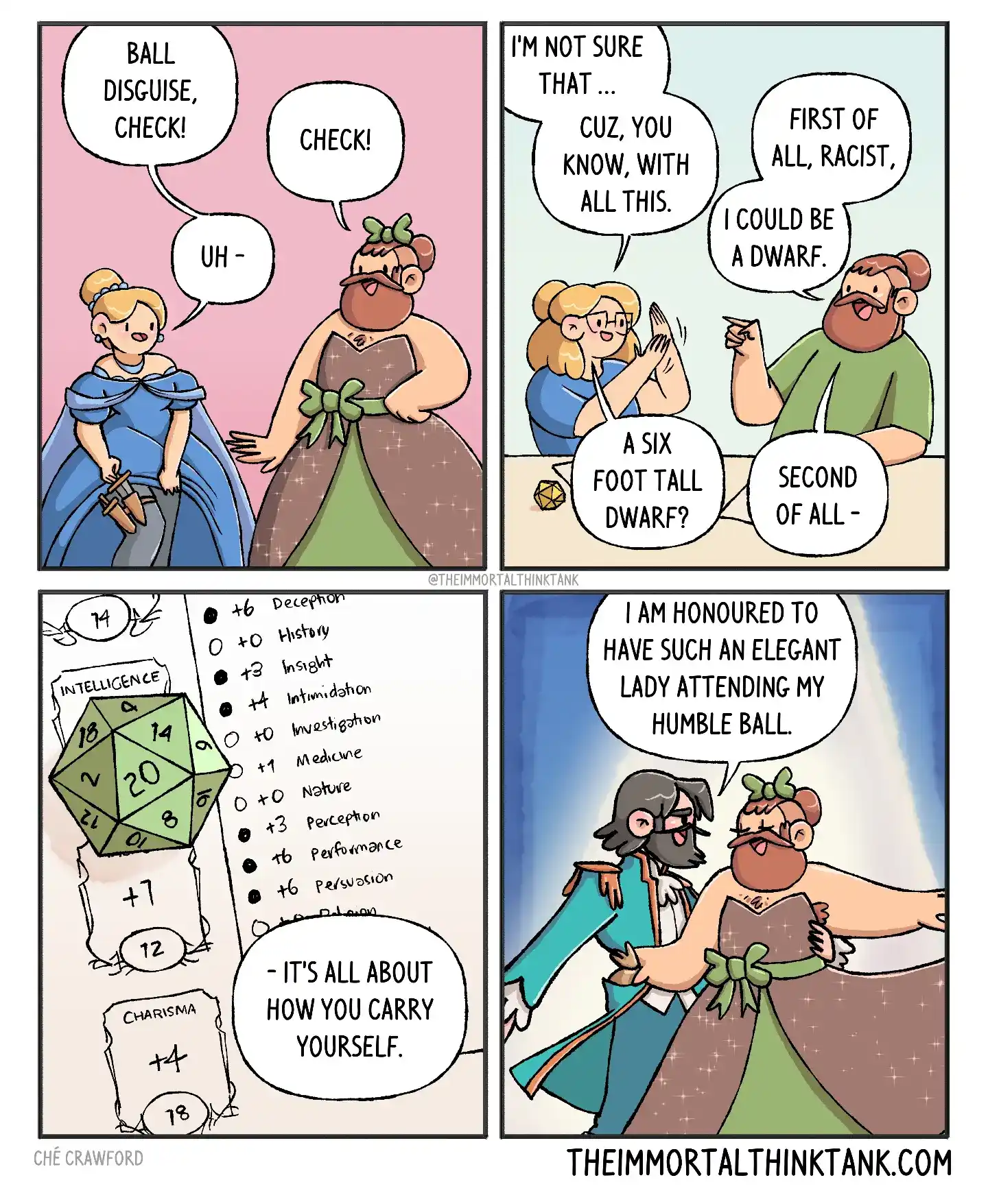 A fantasy ballroom comic features a character in an elaborate ball disguise and a conversation about charisma, appearance, and how someone carries themselves.
