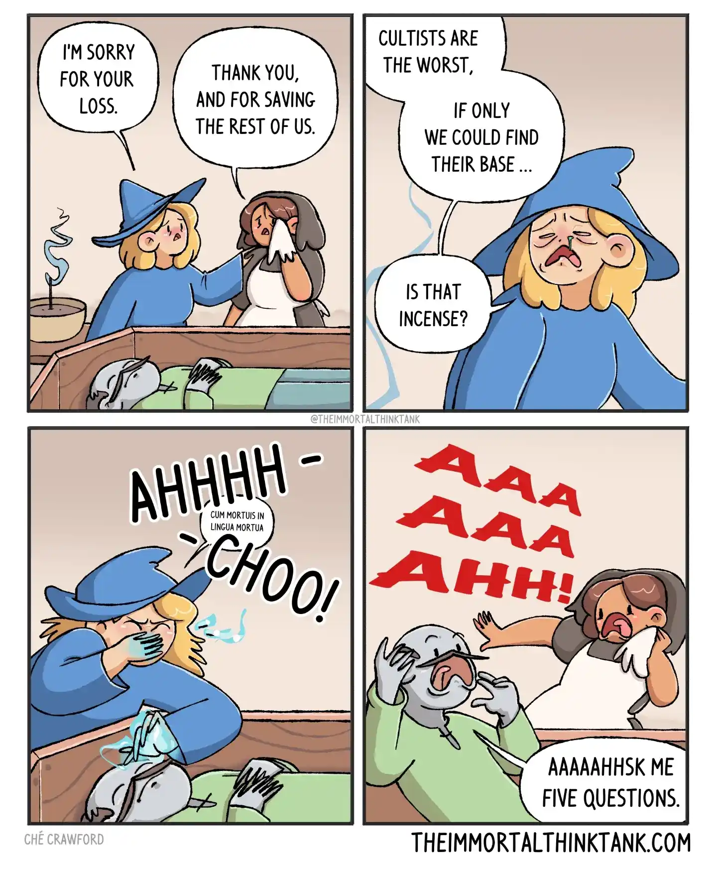 A fantasy comic depicts characters mourning a fallen companion before incense makes them sneeze and disrupts the solemn memorial.