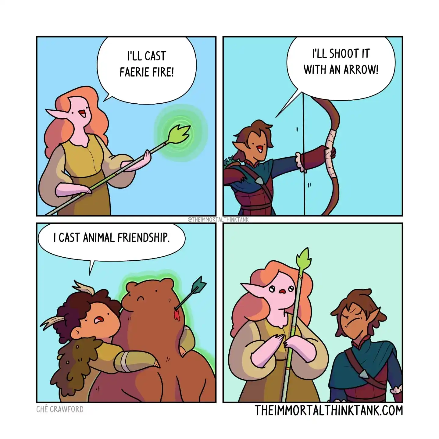 A fantasy party member casts Faerie Fire and an archer fires an arrow, while another character uses Animal Friendship to cuddle with a bear.