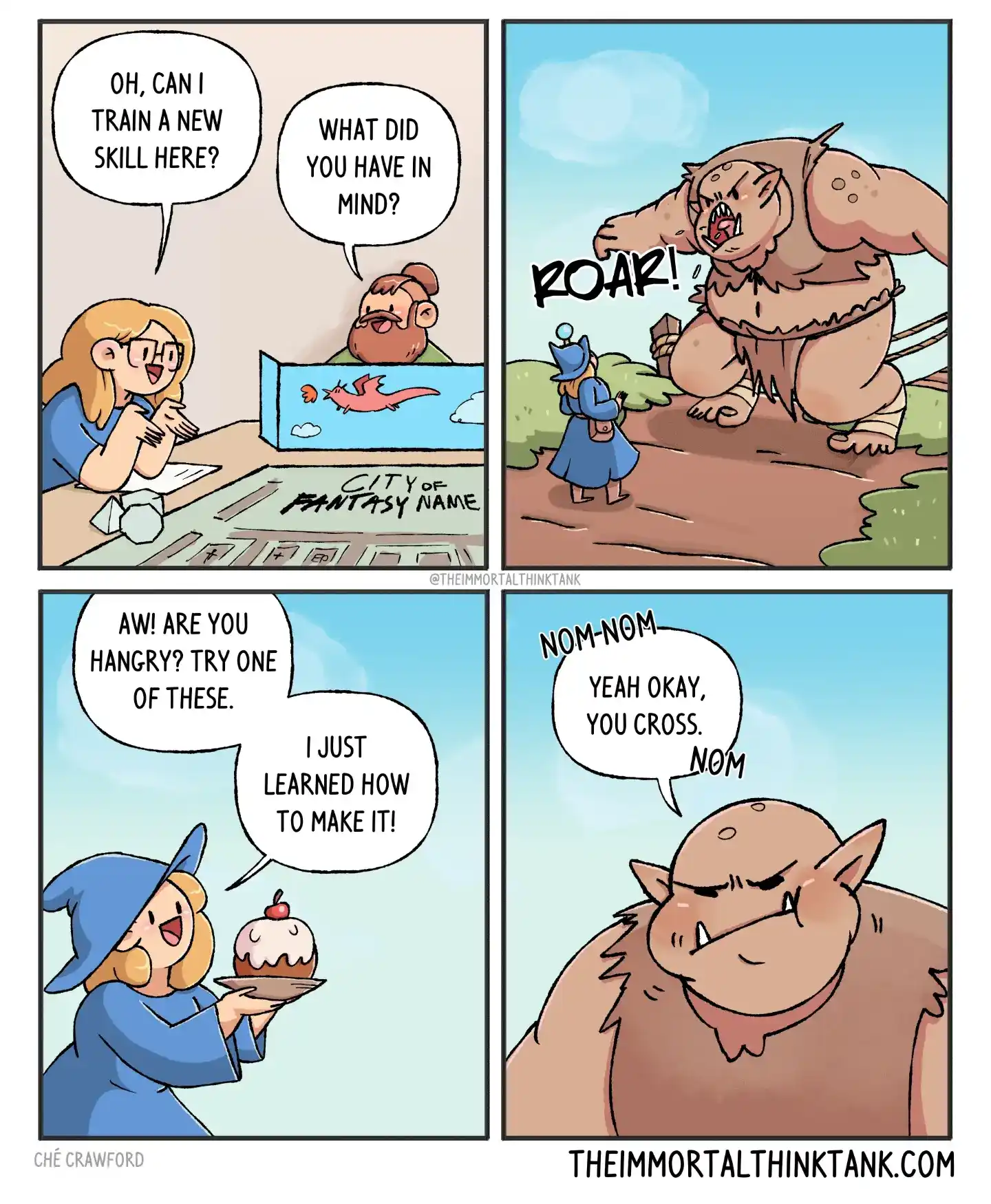 A wizard asks to train a new skill, faces a roaring ogre, then offers it a cupcake and the creature decides the wizard can stay.